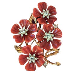 Vintage Designer Nolan Miller Signed Red Lucite and Crystal Flower Brooch Pin