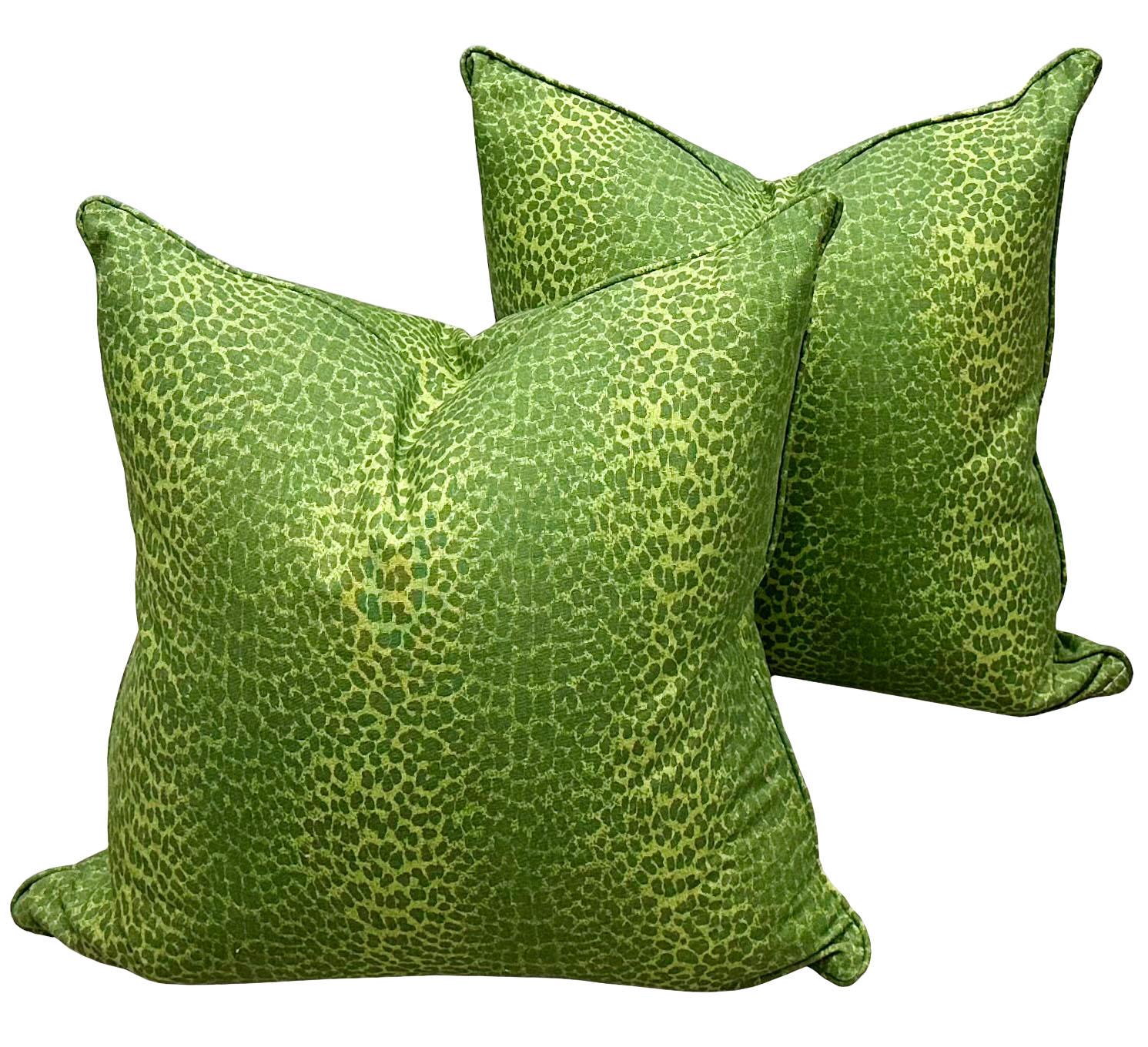 A fabulous pair of 1970s designer pillows in a vibrant green linen and cotton fabric. These unique pillows are perfect for adding an extra pop of color.