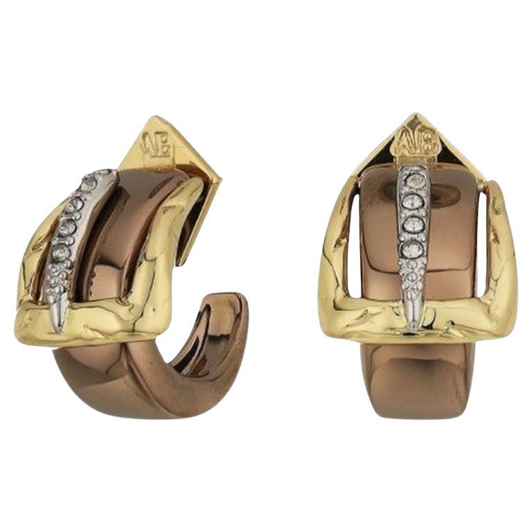 Vintage Designer Signed ALEXIS BITTAR Equestrian Crystal Gold Buckle Earrings For Sale