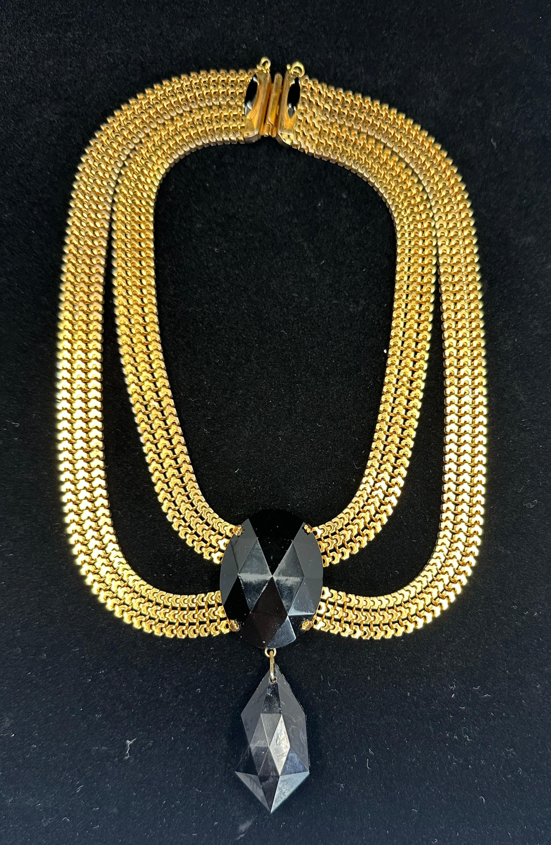 Contemporain Vintage Designer Signed Scaasi Runway Festoon Necklace 1950s Faux Onyx Gilt en vente