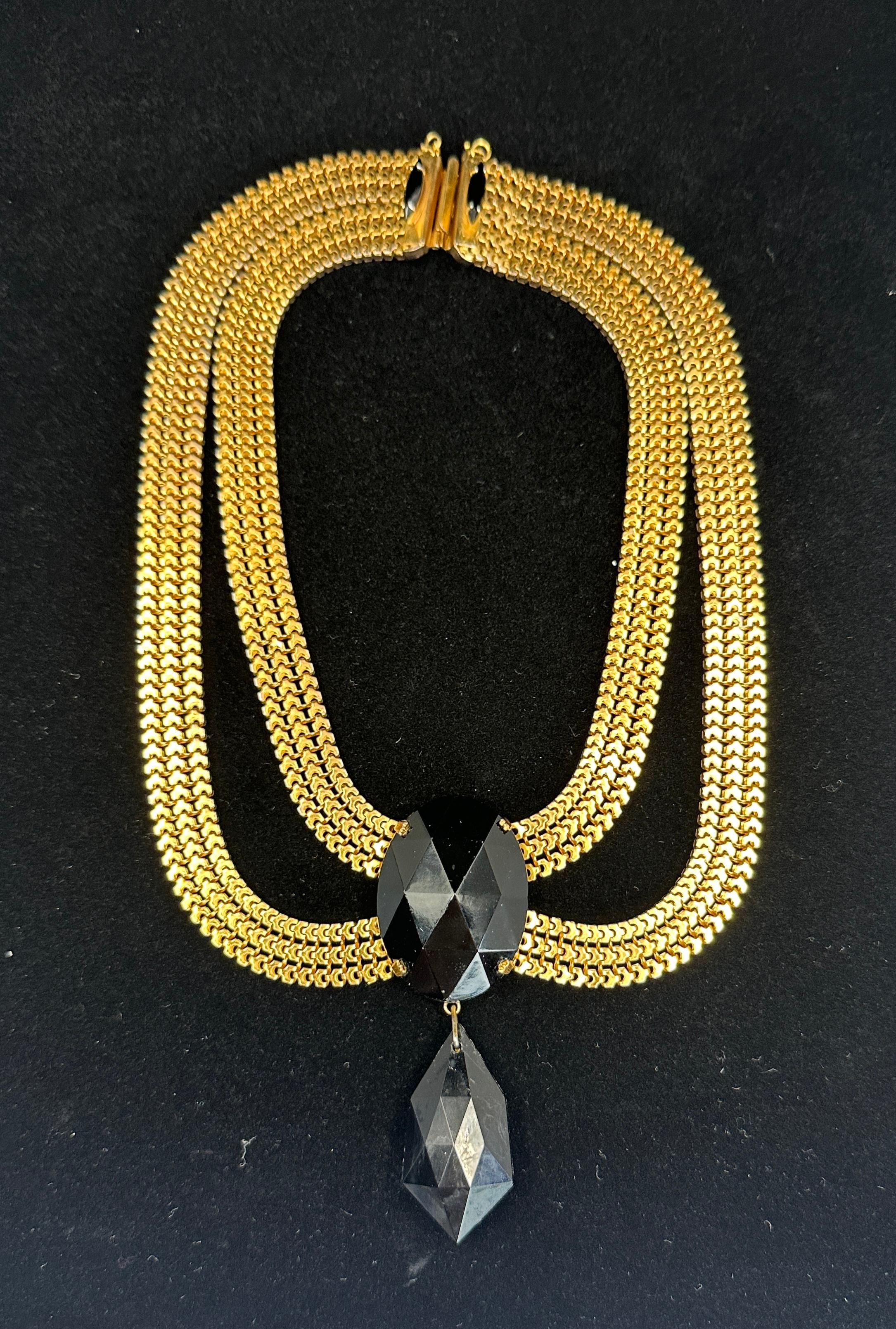 Vintage Designer Signed Scaasi Runway Festoon Necklace 1950s Faux Onyx Gilt Pour femmes en vente