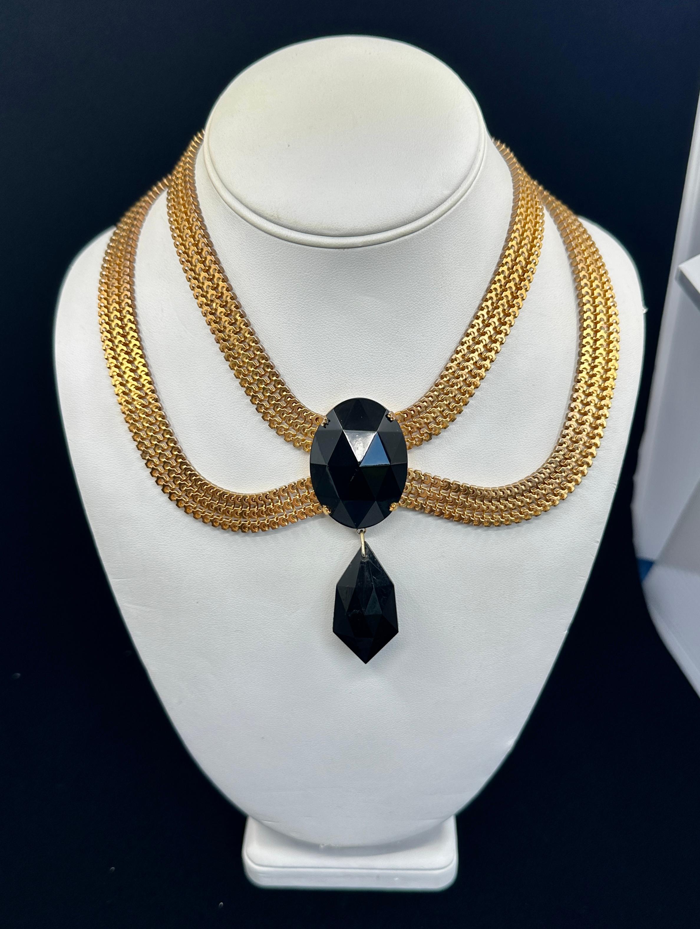 Vintage Designer Signed Scaasi Runway Festoon Necklace 1950s Faux Onyx Gilt en vente 1