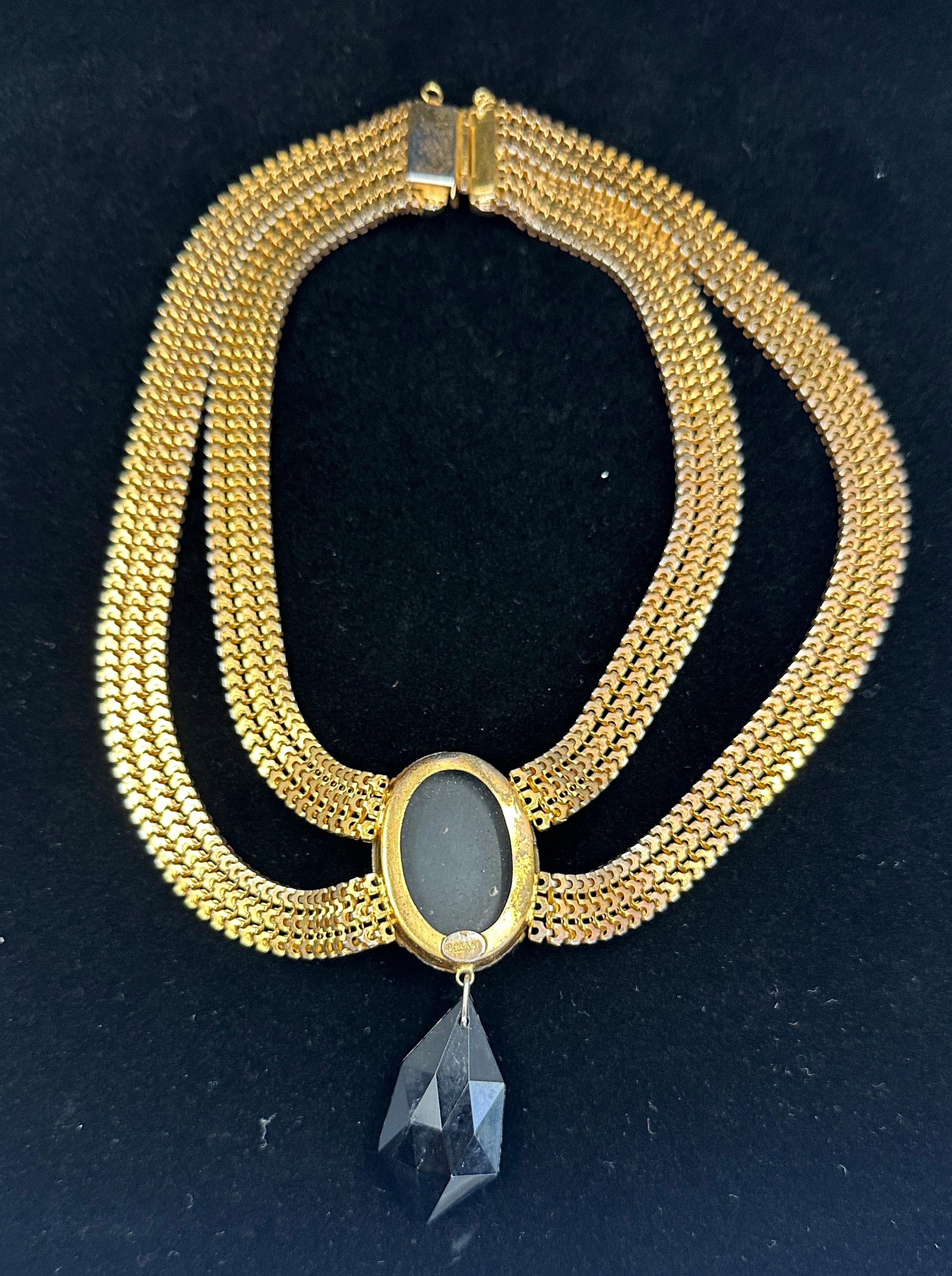 Vintage Designer Signed Scaasi Runway Festoon Necklace 1950s Faux Onyx Gilt en vente 3