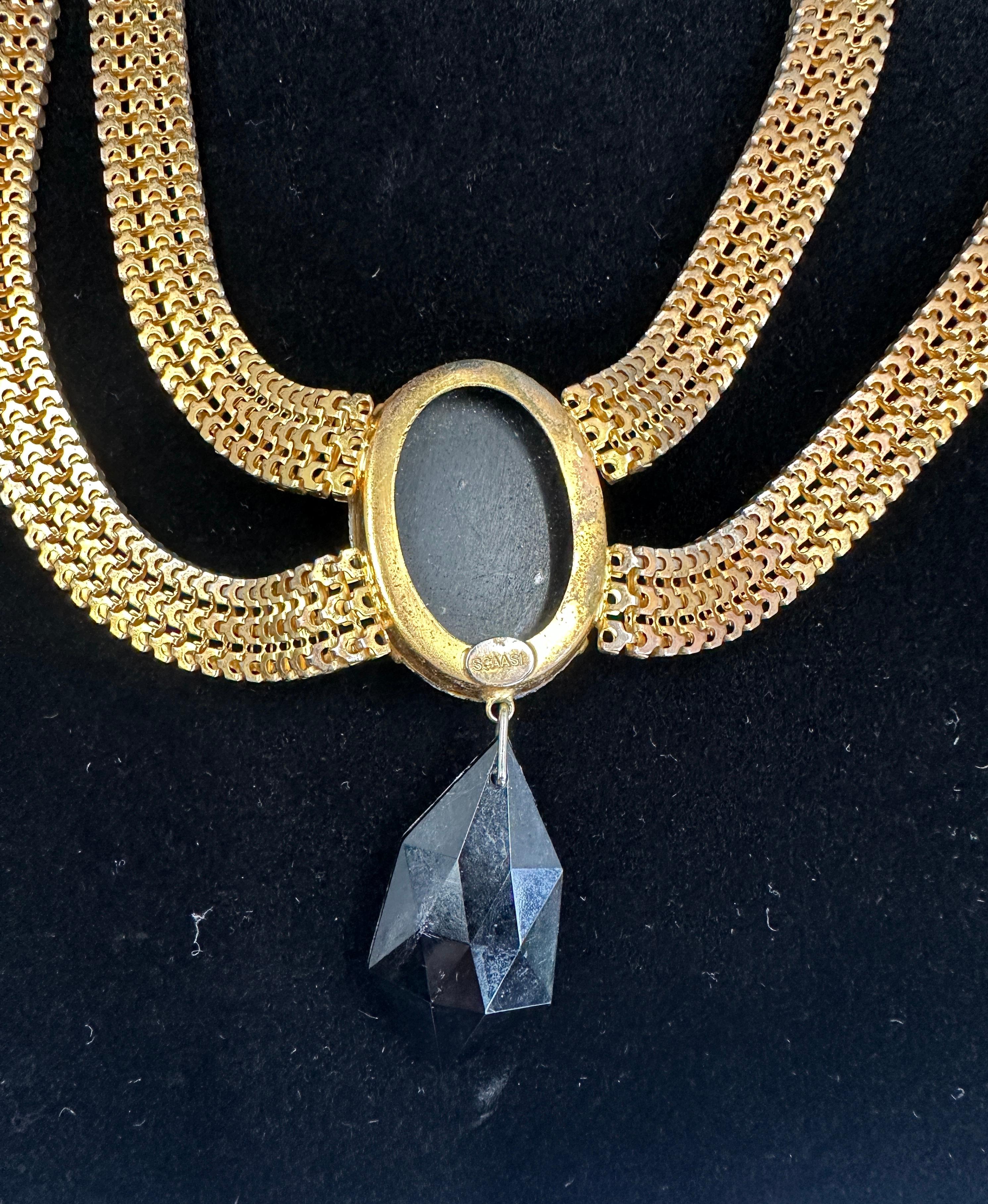 Vintage Designer Signed Scaasi Runway Festoon Necklace 1950s Faux Onyx Gilt en vente 4
