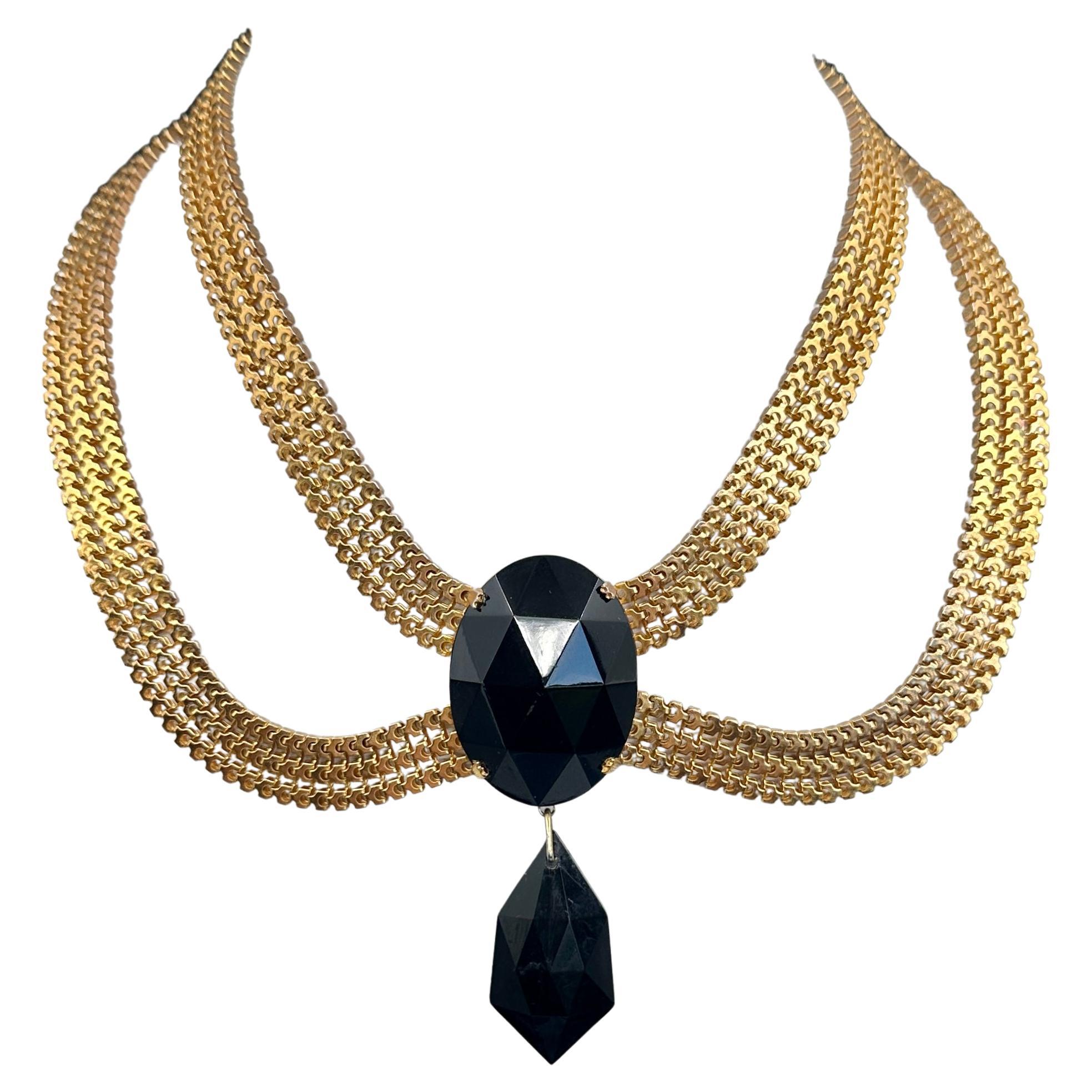 Vintage Designer Signed Scaasi Runway Festoon Necklace 1950s Faux Onyx Gilt en vente