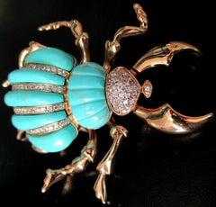 Vintage Designer Signed Turquoise Scarab Beetle Brooch Pin