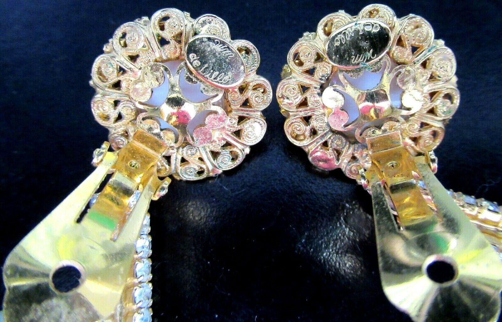Simply Beautiful Vintage Designer William Delillo Signed White Bead Drop Earrings. Hand set Sparkling Ice Crystals and white Beads. Gold tone mounting.  Measuring approx. 2.75