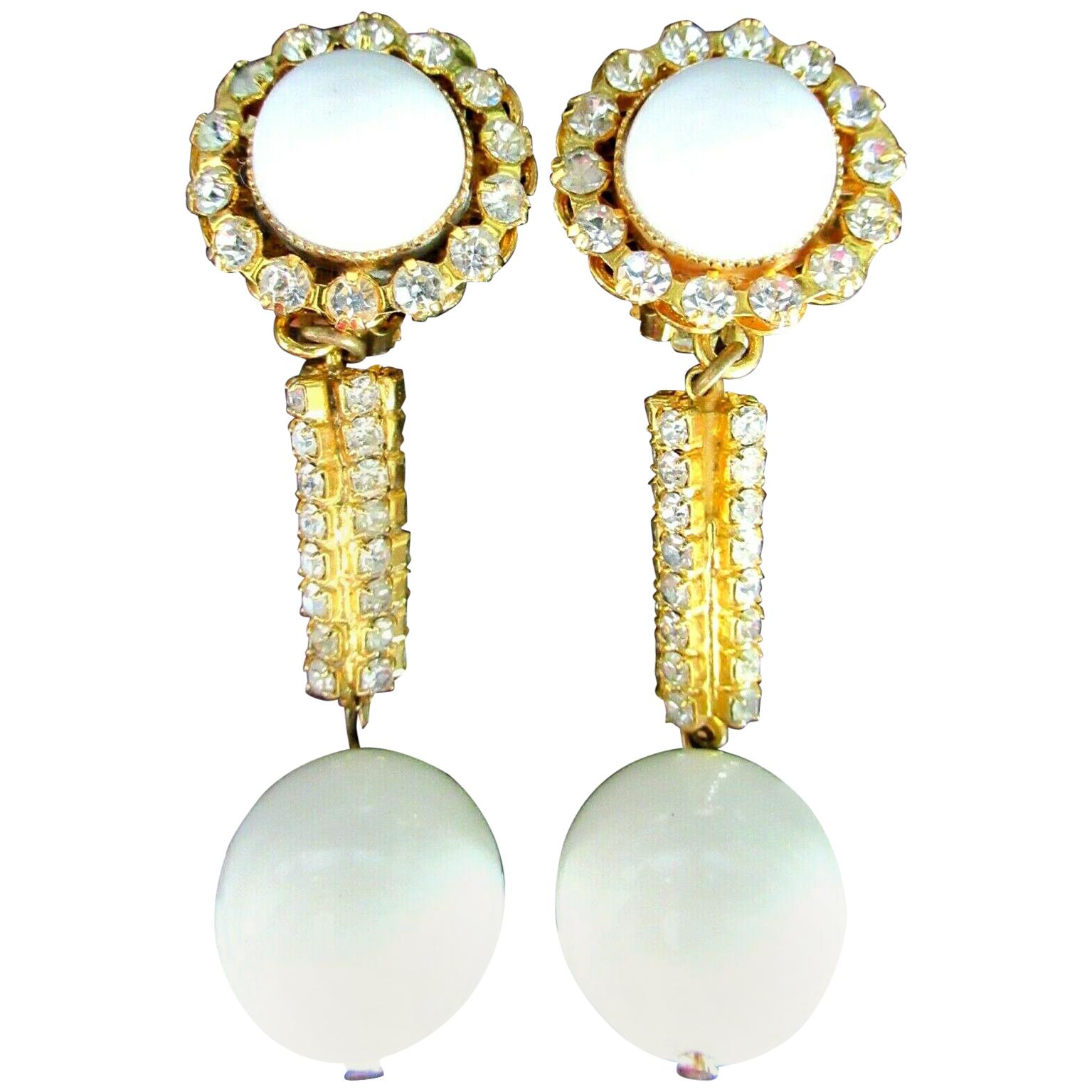 Vintage Designer Signed William Delillo Sparkling Crystal Dangle Clip Earrings