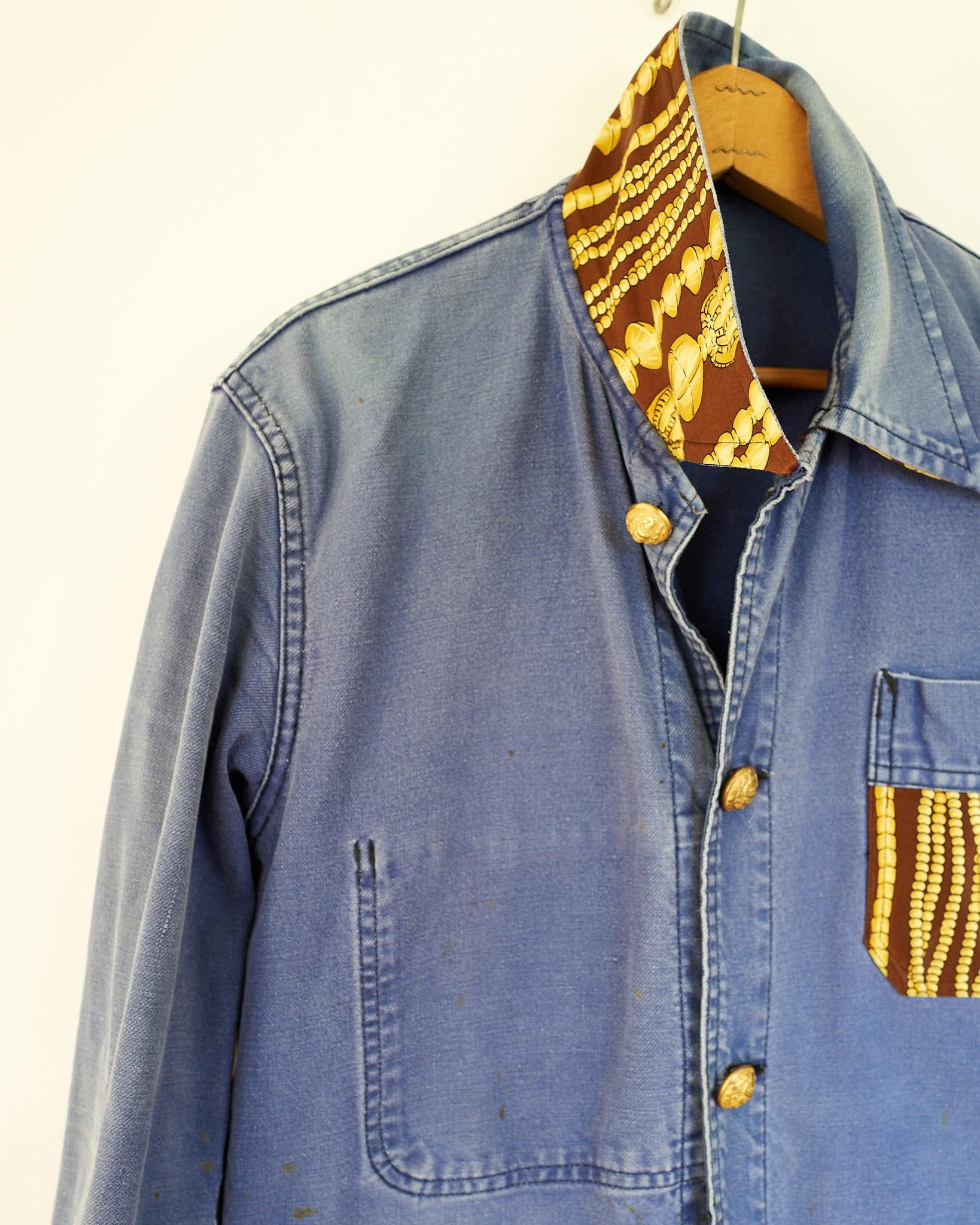 Vintage Designer Silk Embellished Blazer Jacket French Blue Distressed J Dauphin In New Condition In Los Angeles, CA