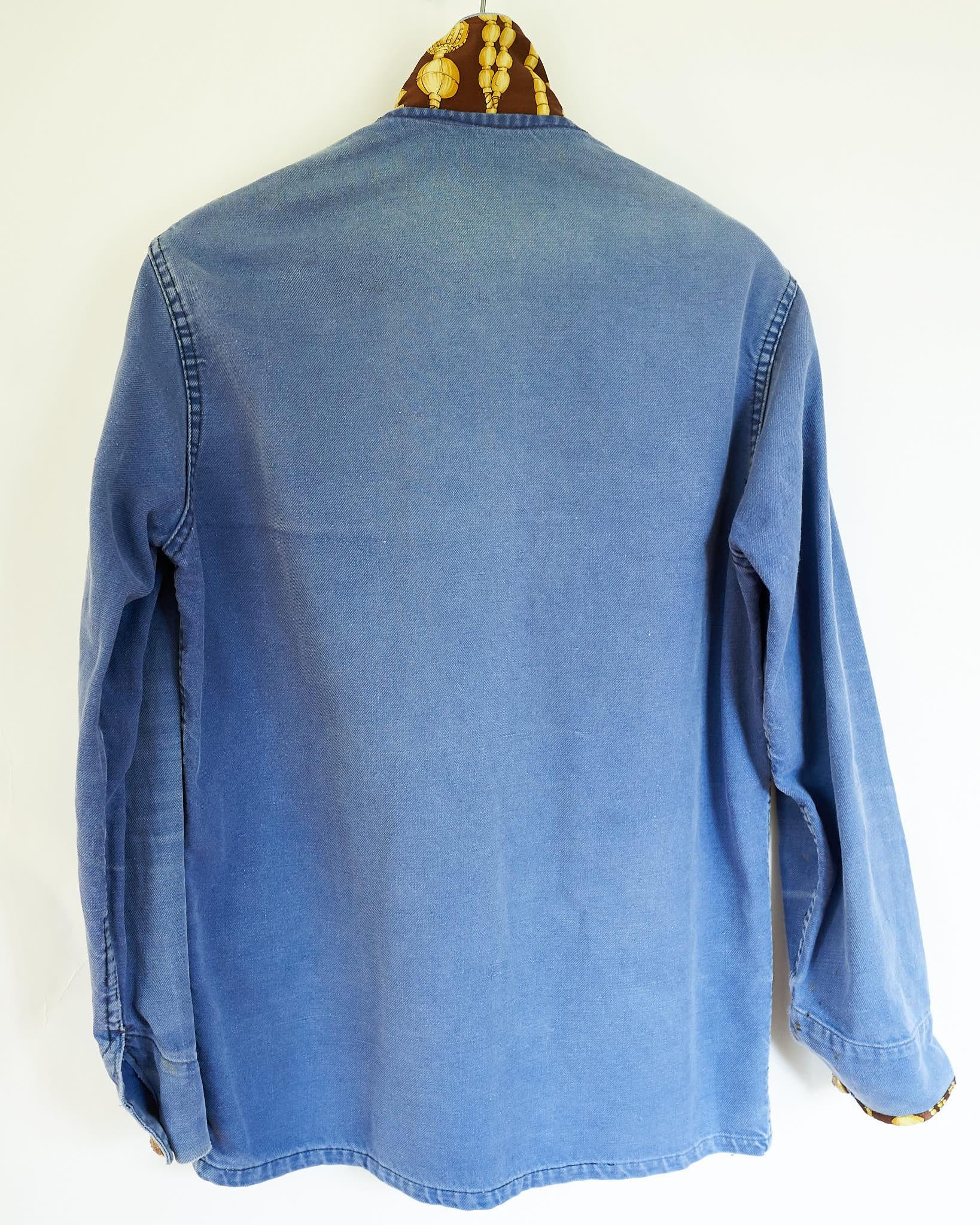 Women's Vintage Designer Silk Embellished Blazer Jacket French Blue Distressed J Dauphin