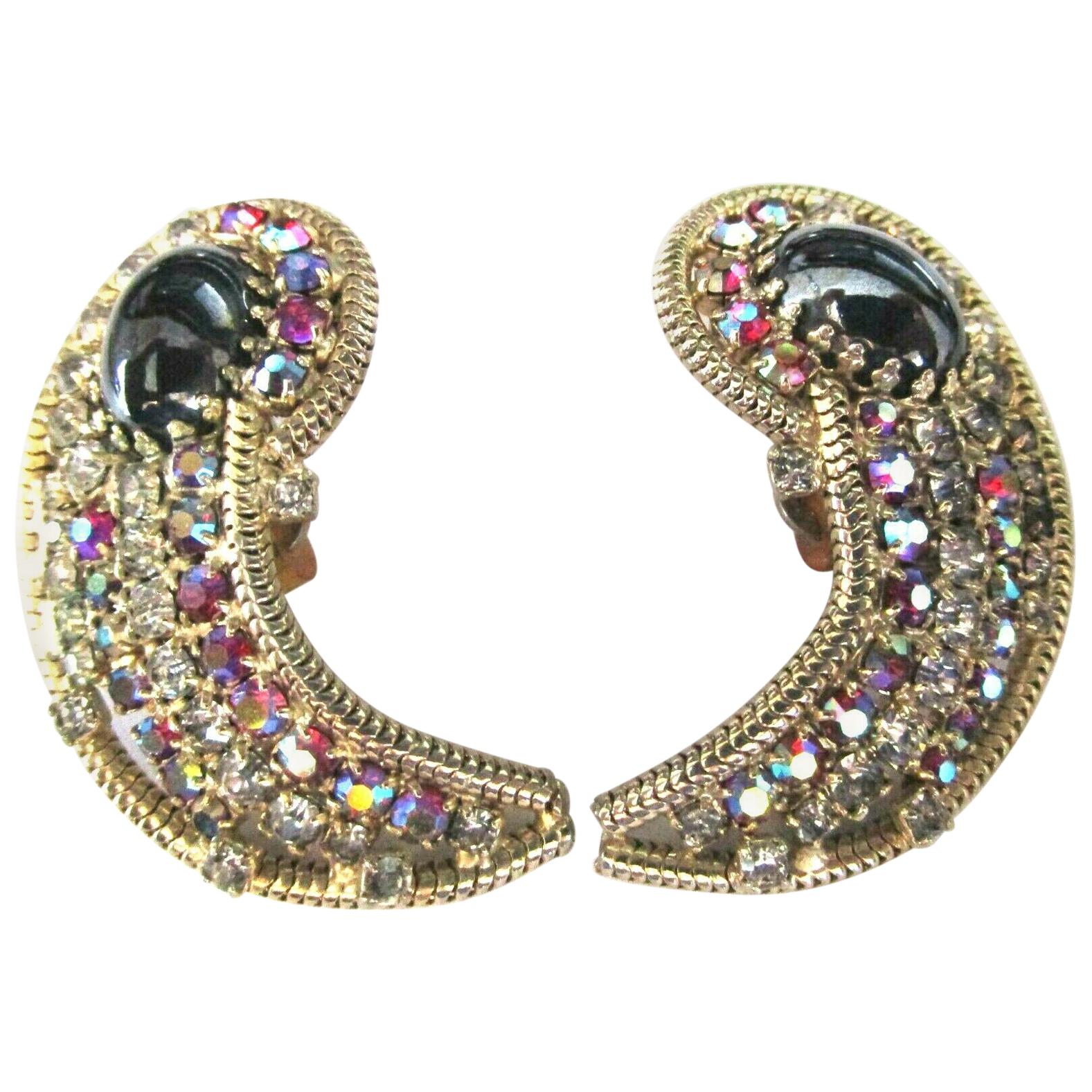 Vintage Designer Sparkling Ice CZ Rhinestone Clip Earrings Signed Hobé 