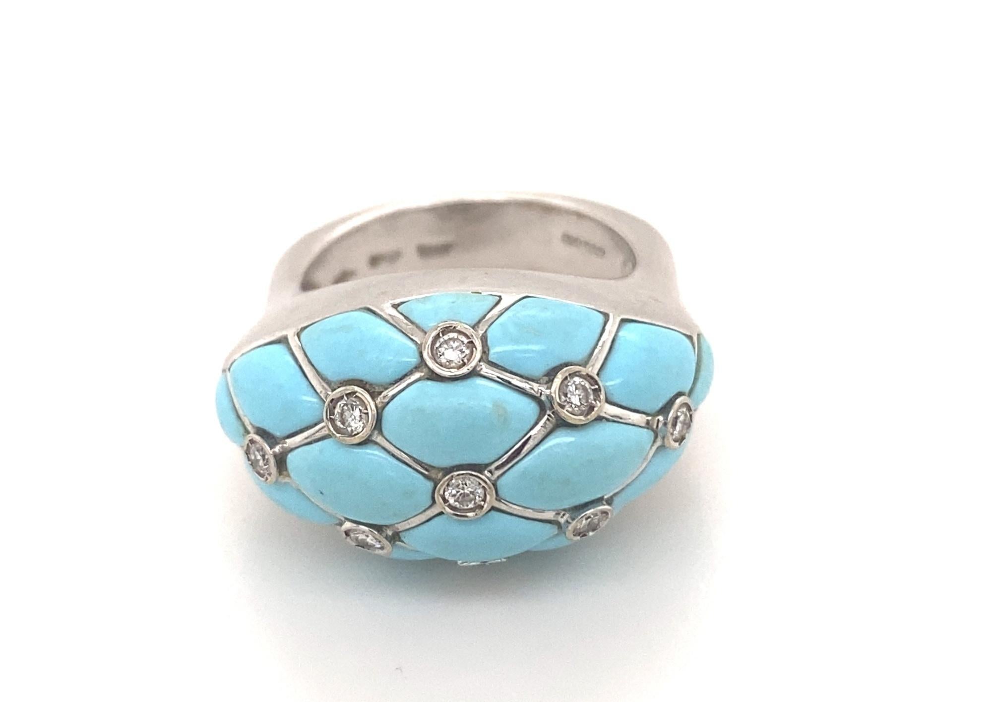 Round Cut Vintage Designer Turquoise Diamonds Italian 18k White Gold Ring