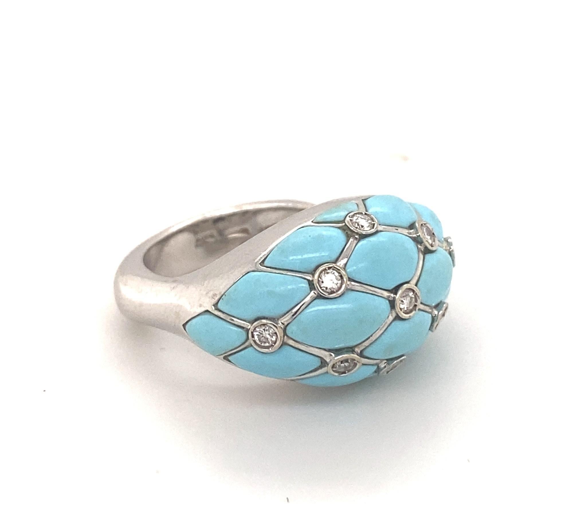 Vintage Designer Turquoise Diamonds Italian 18k White Gold Ring In Good Condition In Woodland Hills, CA