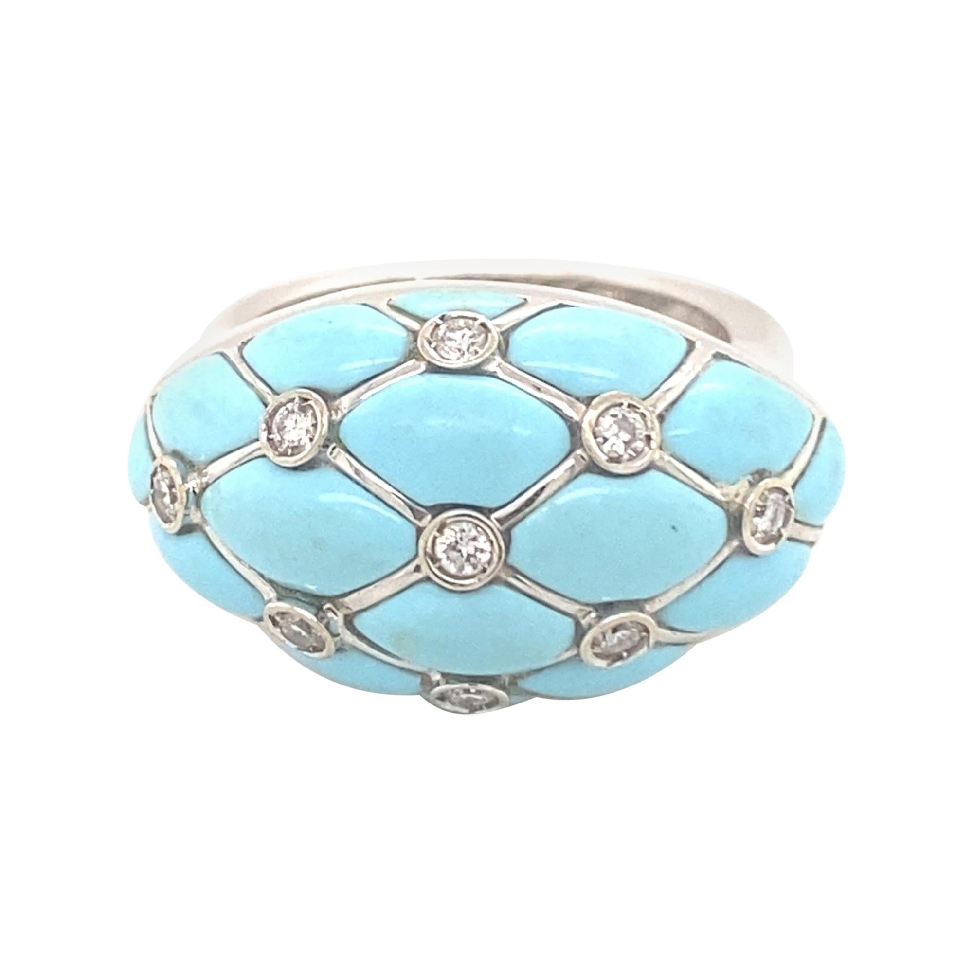 Vintage Designer Turquoise Diamonds Italian 18k White Gold Ring