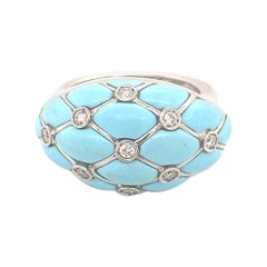 Vintage Designer Turquoise Diamonds Italian 18k White Gold Ring