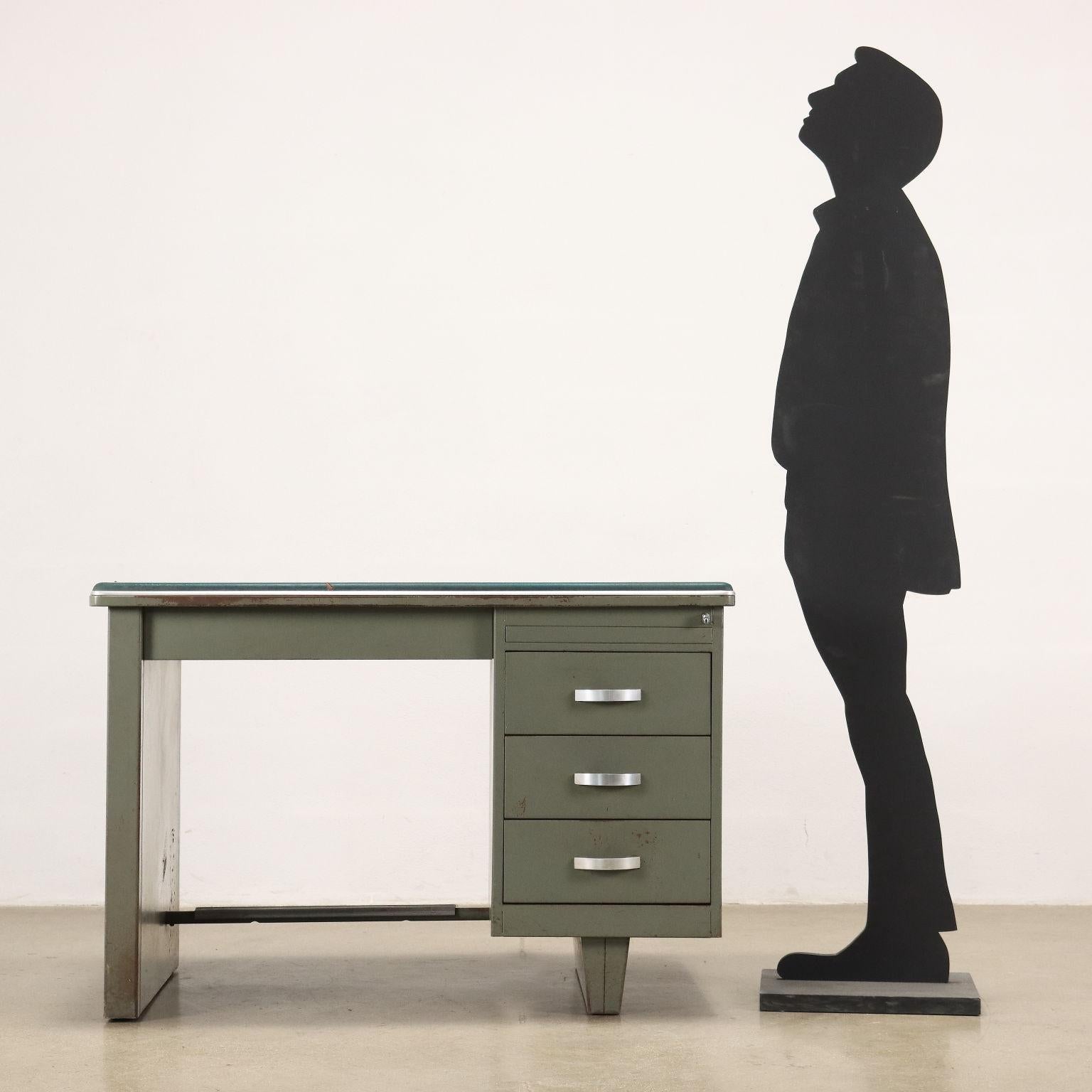 Desk with side drawer column in enamelled metal with leatherette-covered top.