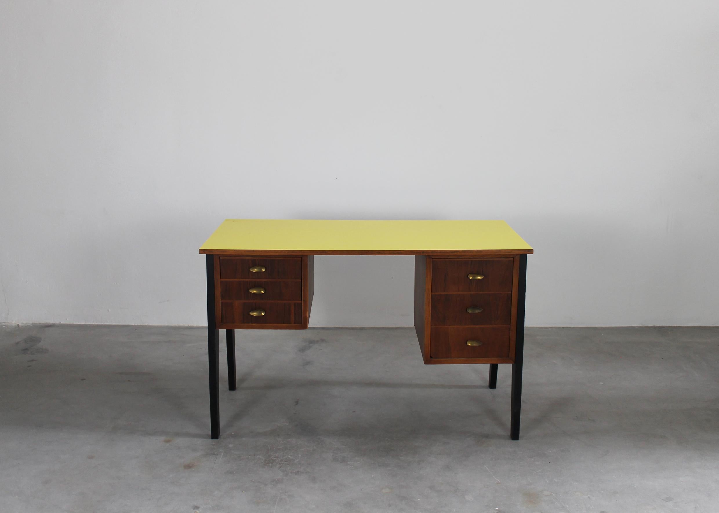 Lacquered Vintage Office Desk in Wood with Yellow Top and Drawers Italian Manufacture 60s