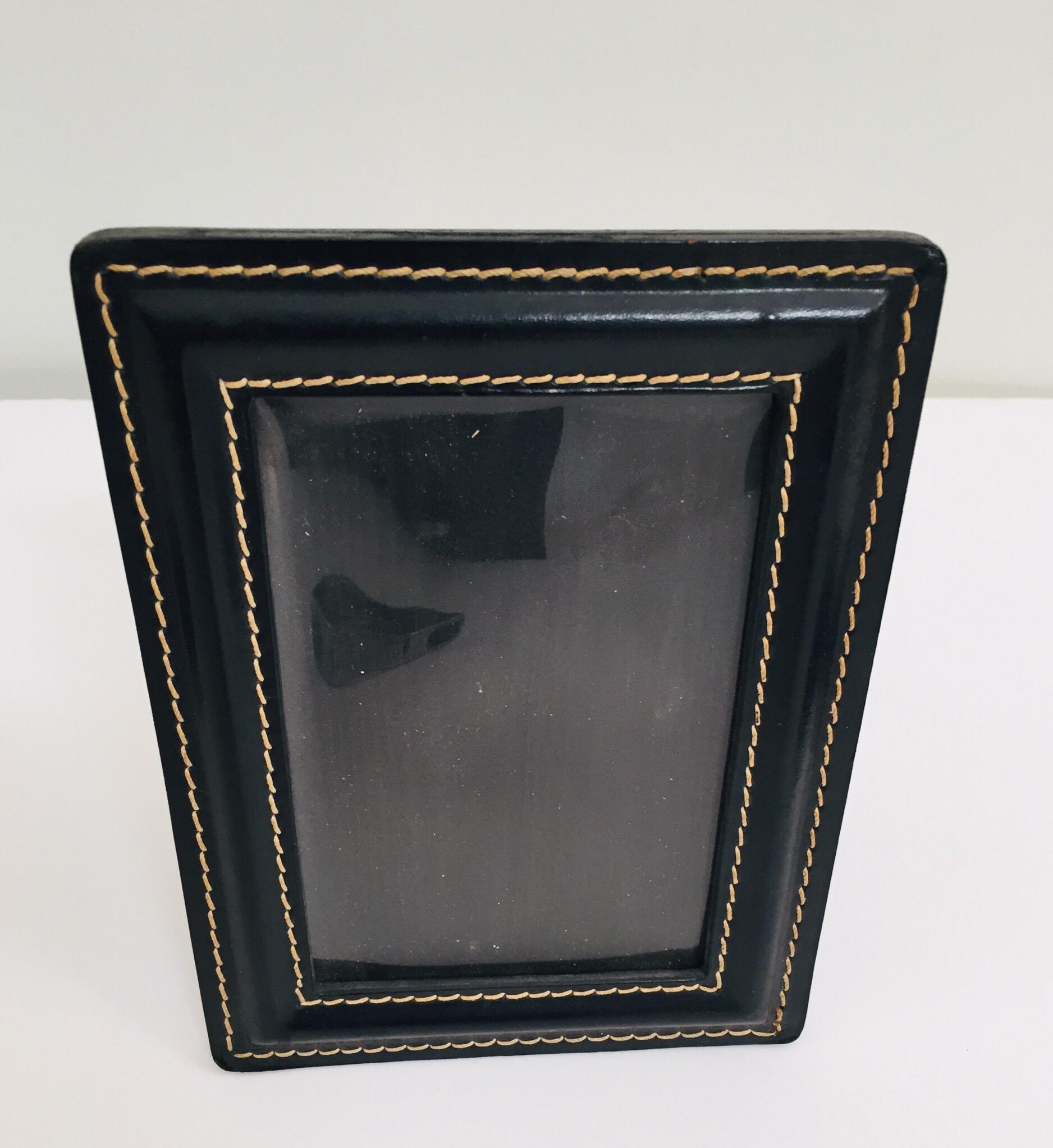 20th Century Vintage Desk Set, Black Leather and Brass Letter Rack, Picture Frame and Notepad