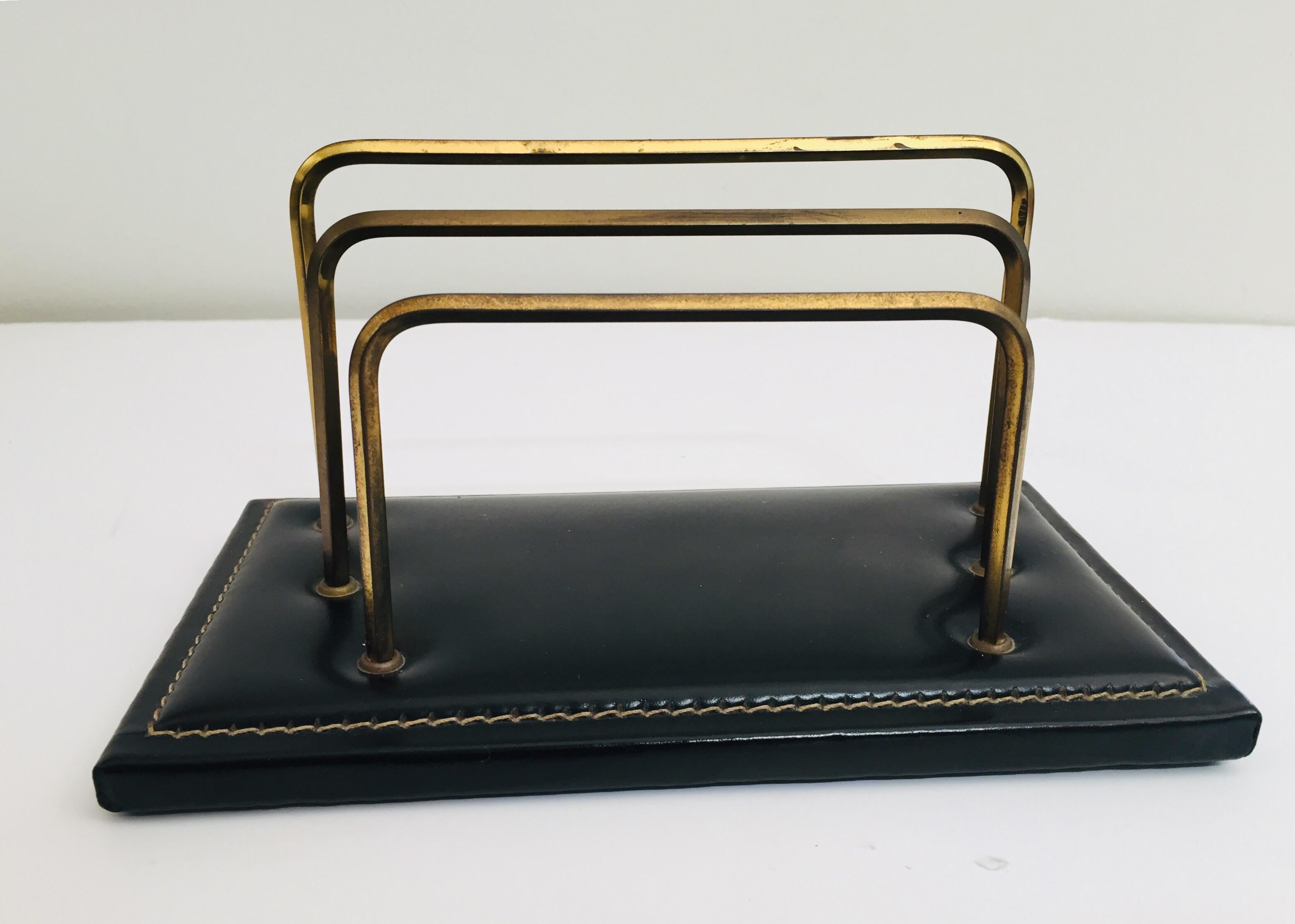 Vintage Desk Set, Black Leather and Brass Letter Rack, Picture Frame and Notepad 2