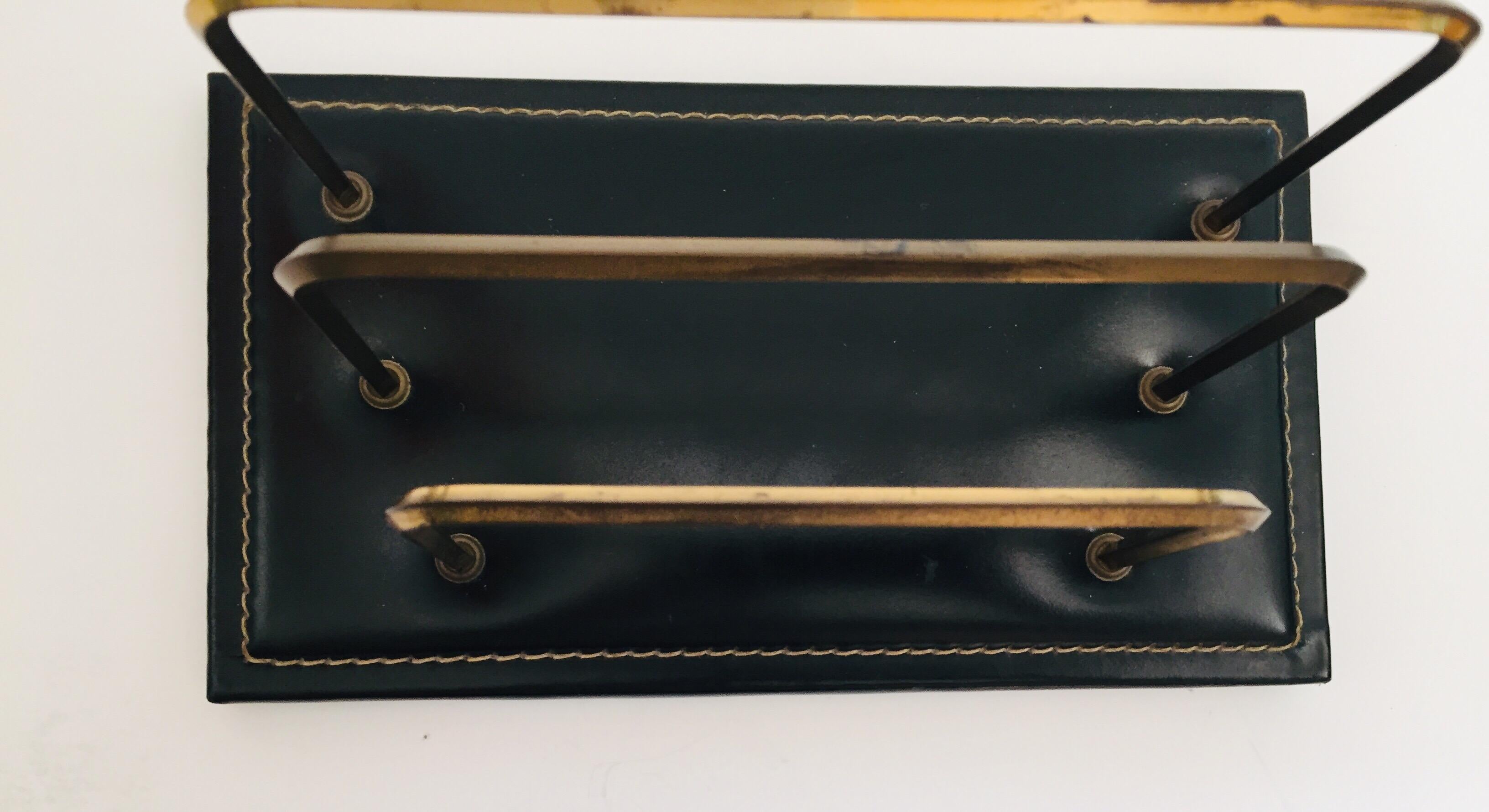 Vintage Desk Set, Black Leather and Brass Letter Rack, Picture Frame and Notepad 3
