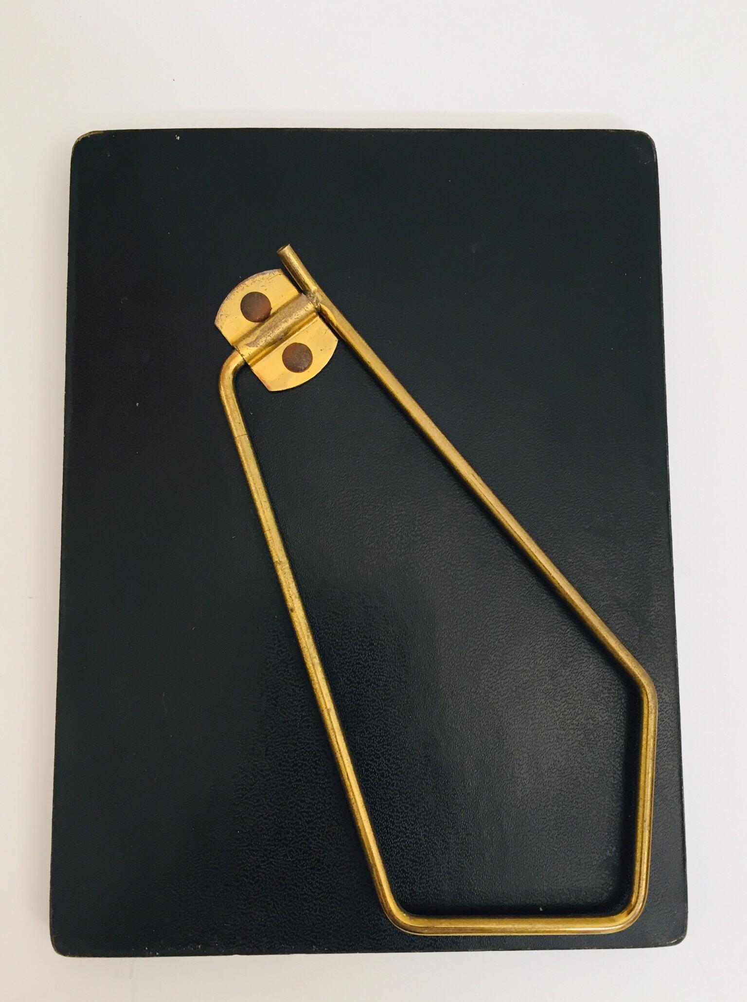 Hand-Crafted Vintage Desk Set, Black Leather and Brass Letter Rack, Picture Frame and Notepad