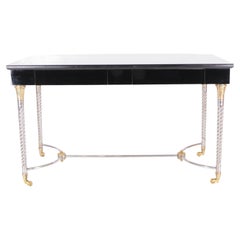Vintage Desk with 2 Drawers in Silver Plated and Gilded Metal and Black Lacquere
