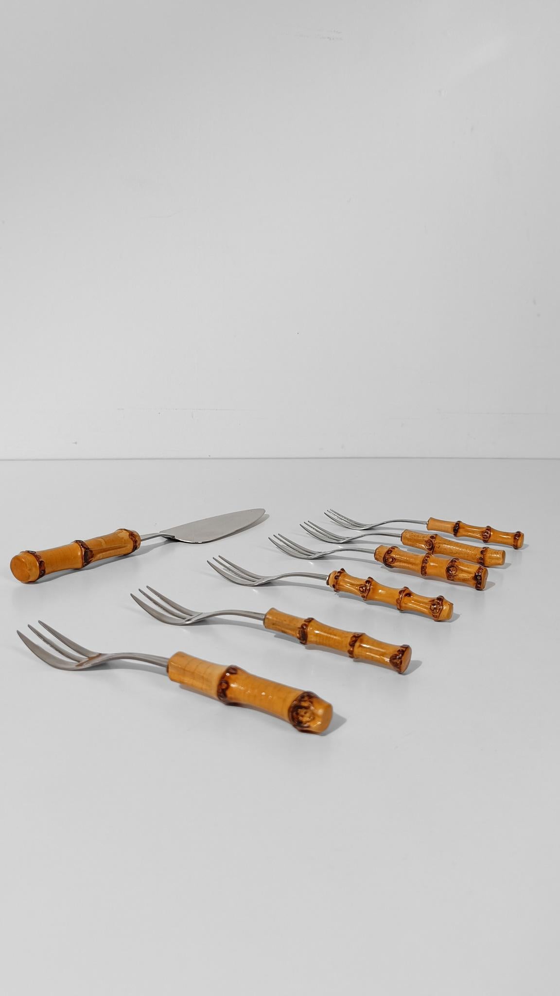 Vintage Dessert Set Besteck mit 1 Tortenheber/ Edelstahl Bambus Griffe im Angebot 8