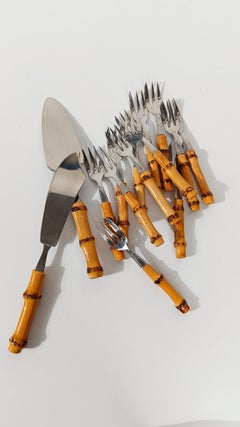 Vintage Dessert Set Flatware with 2 Cake Server/ Stainless Steel  Bamboo Handles