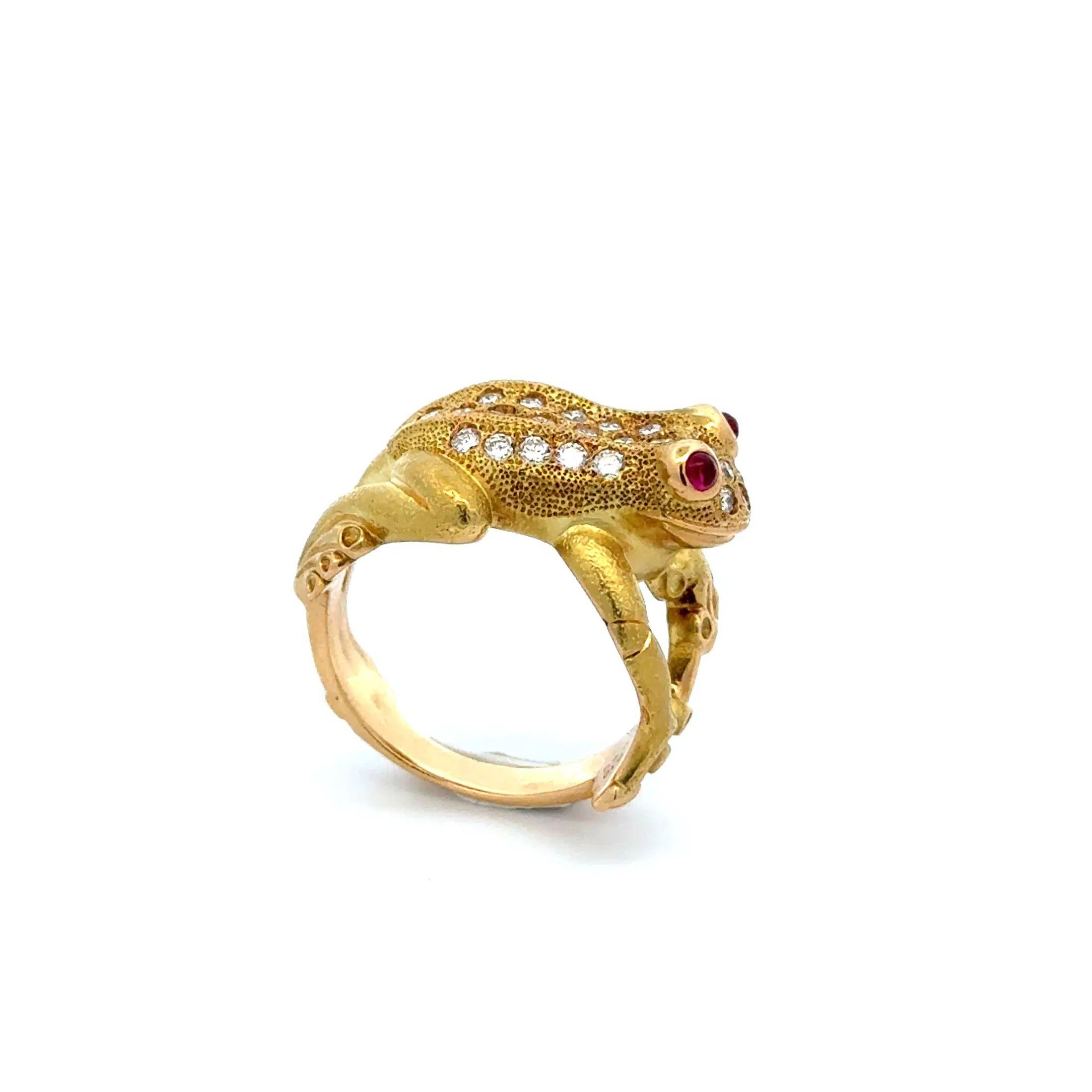Simply Delightful! Awesome Finely detailed Gold Frog Gold Ring. Accented with Hand set Diamonds, weighing approx. 0.46tcw and Ruby Eyes, approx. 0.10tcw. Ring size 5.75, we offer ring resizing. Beautifully Hand crafted in 18K Yellow Gold. In