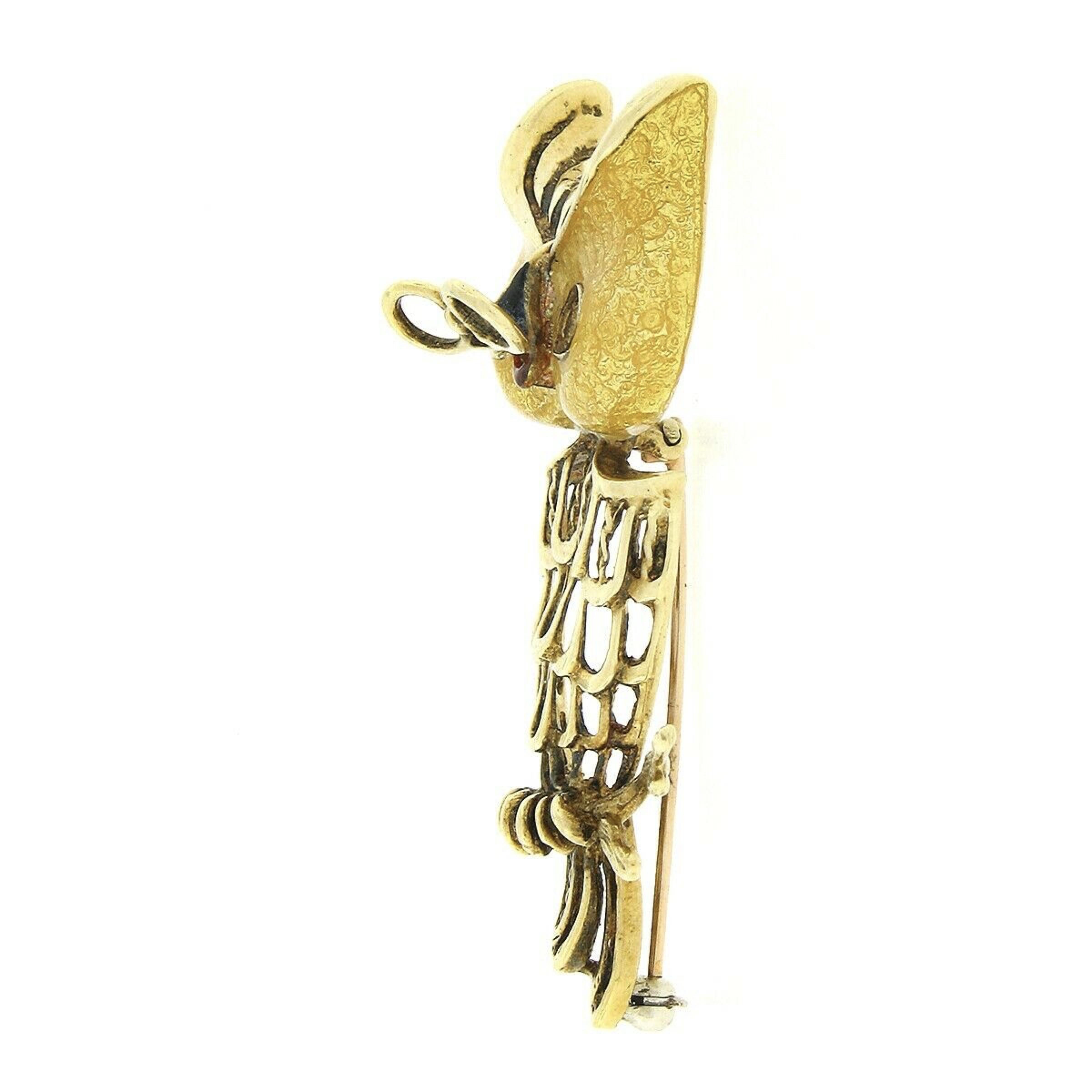 Vintage Detailed Textured 18k Gold Yellow Enamel Wise Owl on Branch Pin Brooch In Good Condition For Sale In Montclair, NJ