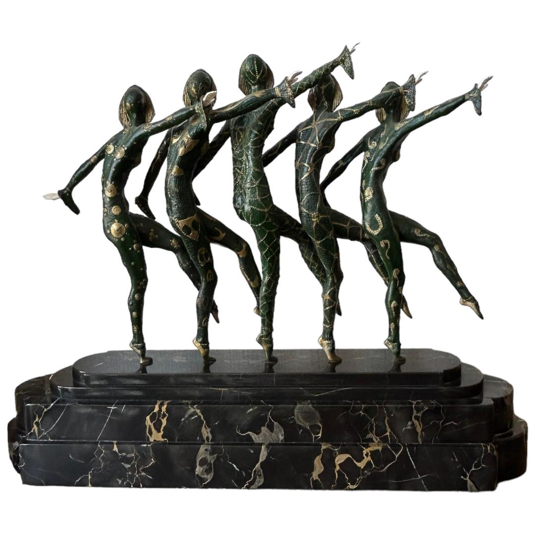 Vintage D.H. Chiparus Art Deco Bronze/Porcelain“Les Girls” Sculpture Marble Base For Sale 5