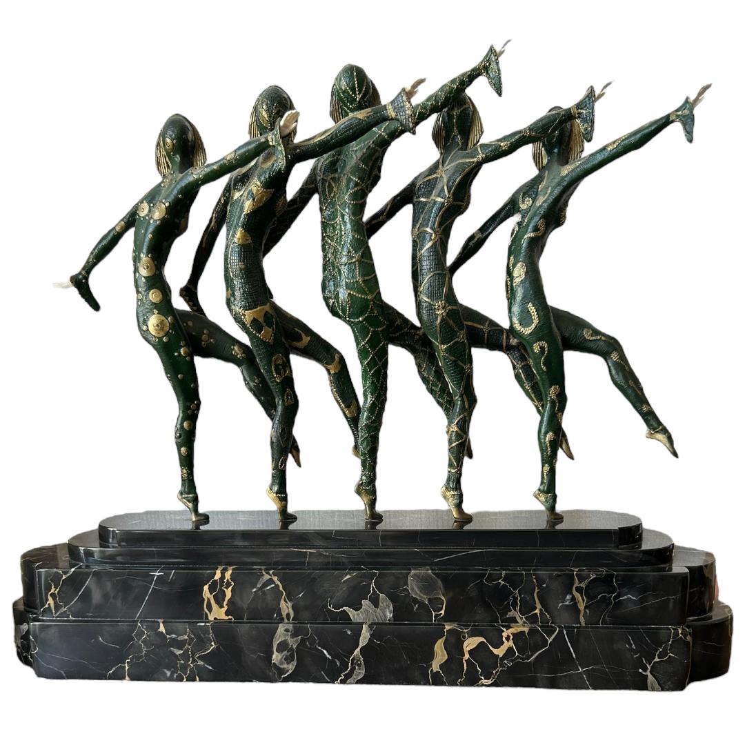 Vintage D.H. Chiparus Art Deco Bronze/Porcelain“Les Girls” Sculpture Marble Base For Sale 7