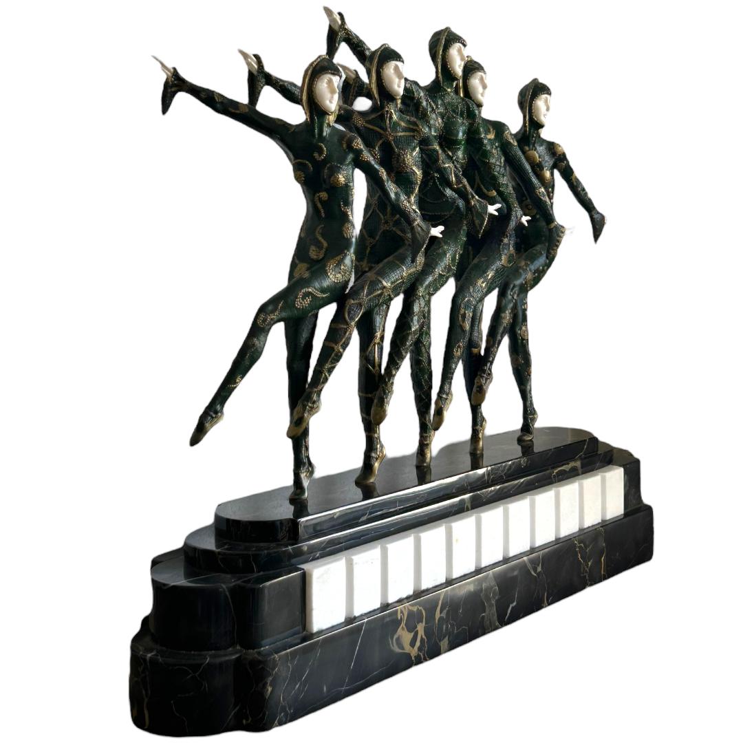 Vintage D.H. Chiparus Art Deco Bronze/Porcelain“Les Girls” Sculpture Marble Base For Sale 4