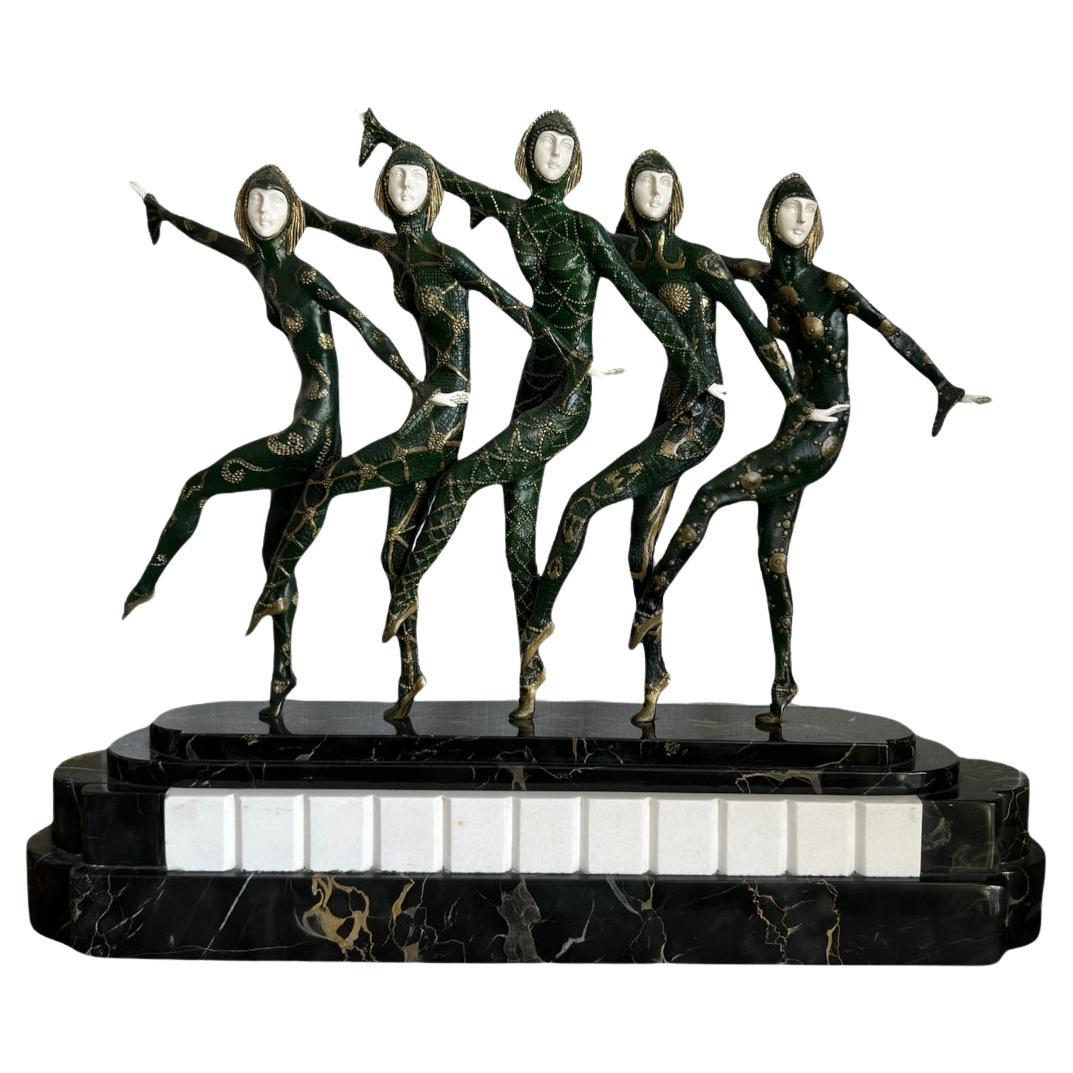 Vintage D.H. Chiparus Art Deco Bronze/Porcelain“Les Girls” Sculpture Marble Base