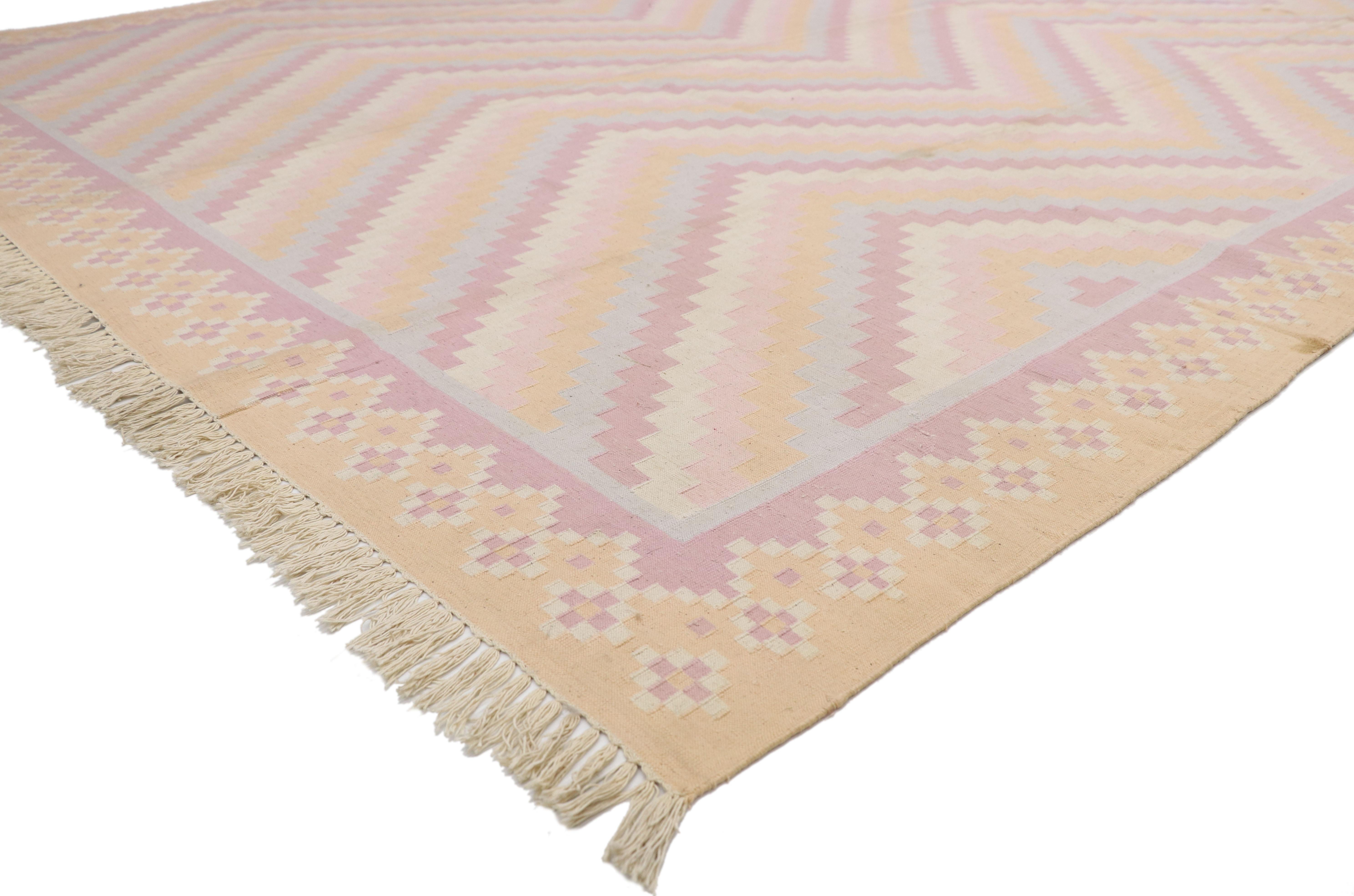 70502, vintage Dhurrie area rug with Pastel colors and coastal Bohemian style. Pale pastel hues and soft elegance bring harmony to this handwoven wool vintage Dhurrie rug distilling the key elements and a playful chevron pattern. A beautiful display