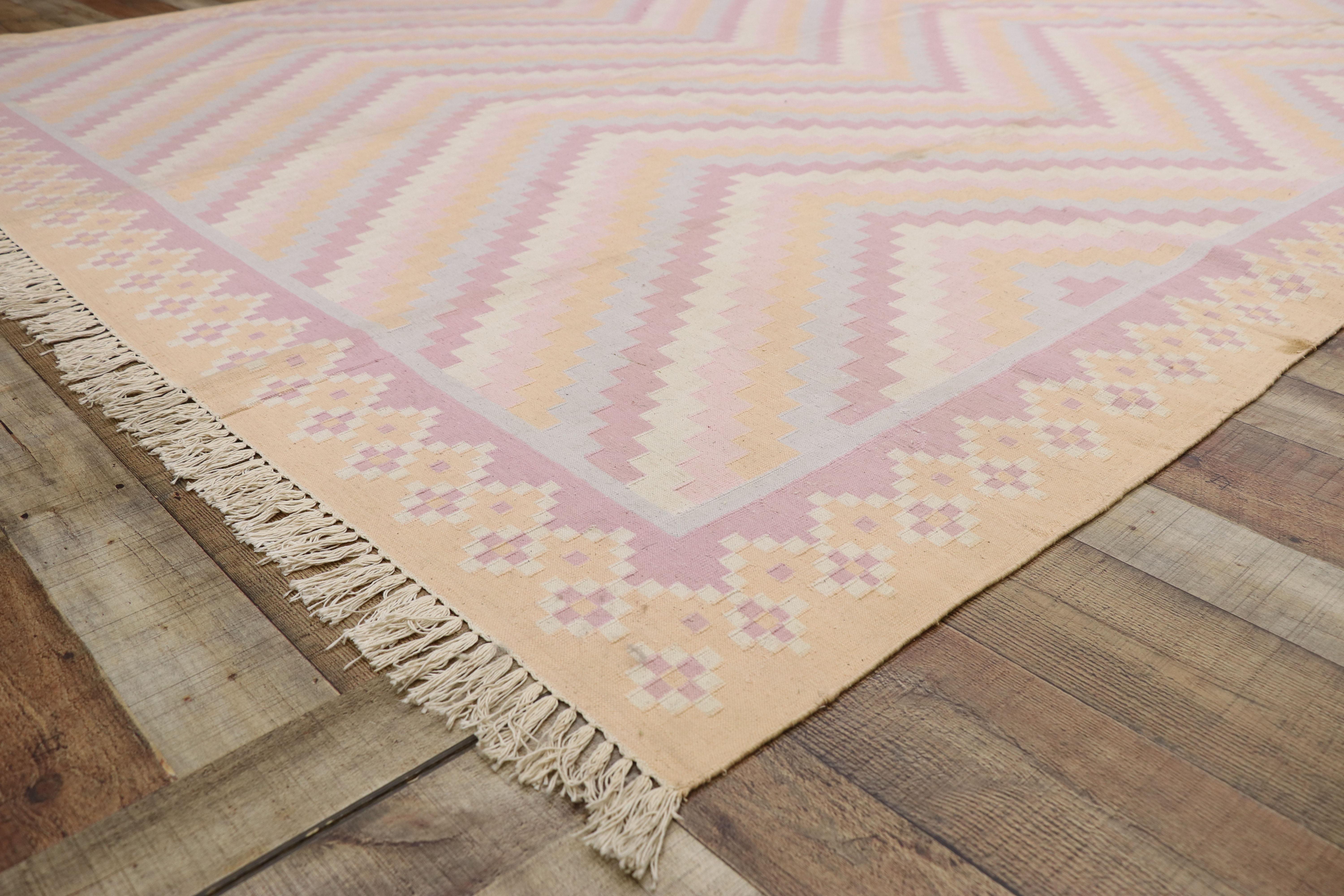 Kilim Vintage Dhurrie Area Rug with Pastel Colors and Coastal Bohemian Style For Sale