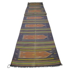 Vintage Dhurrie Extra-Long Geometric Runner Rug in Blue and Green  Rug & Kilim
