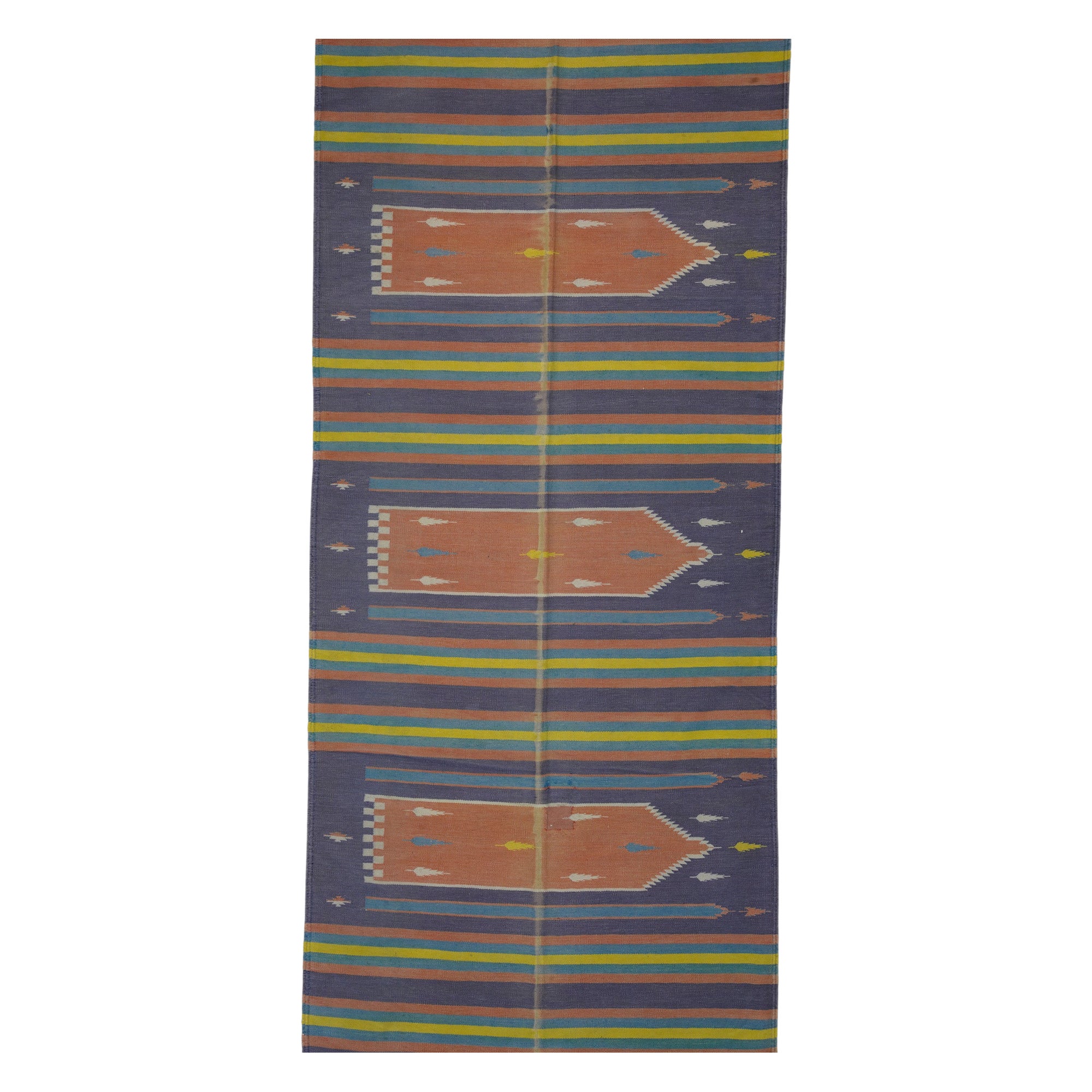 Tappeto vintage Dhurrie Extra-Long Geometric Runner Rug in Blue & Greene  Rug & Kilim