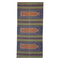 Tappeto vintage Dhurrie Extra-Long Geometric Runner Rug in Blue & Greene  Rug & Kilim
