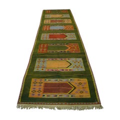 Vintage Dhurrie Extra-Long Geometric Runner Rug in Green  Rug & Kilim