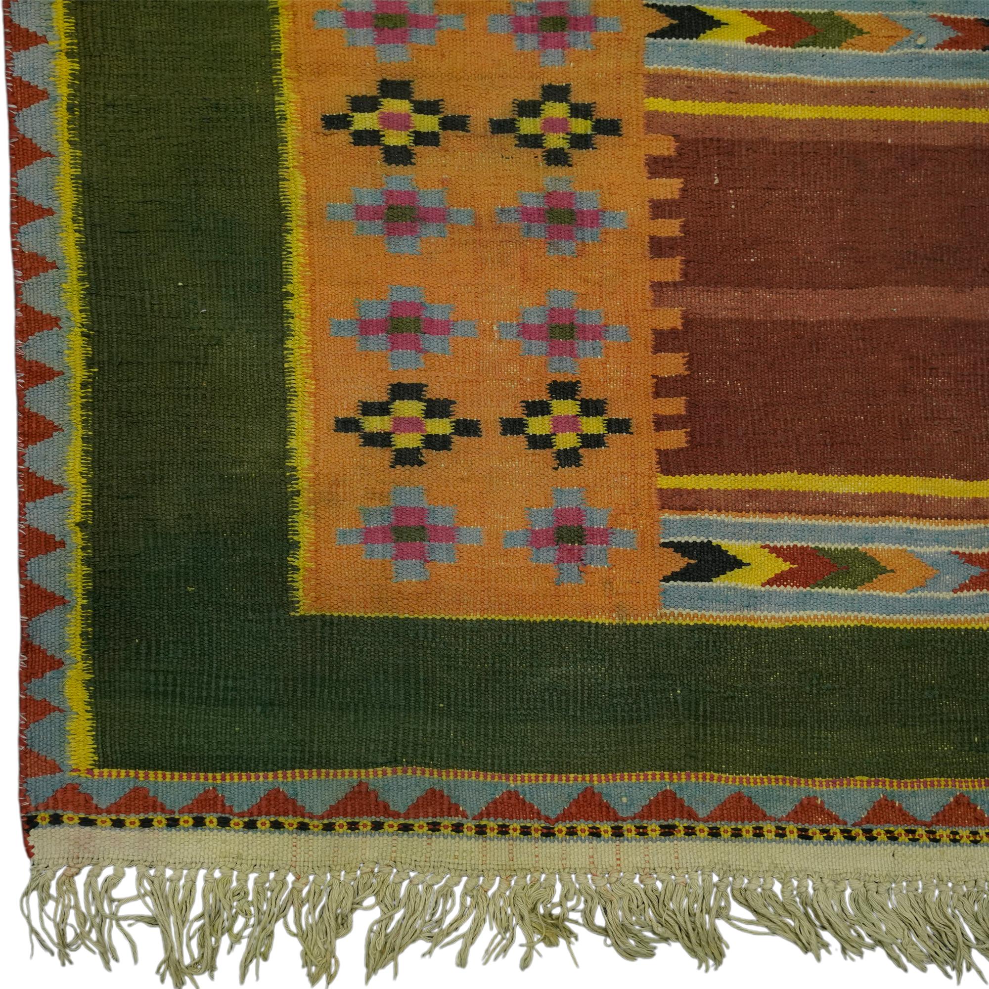 Indiano Tappeto vintage Dhurrie Extra-Long Geometric Runner Rug in Greene & Greene  Rug & Kilim in vendita