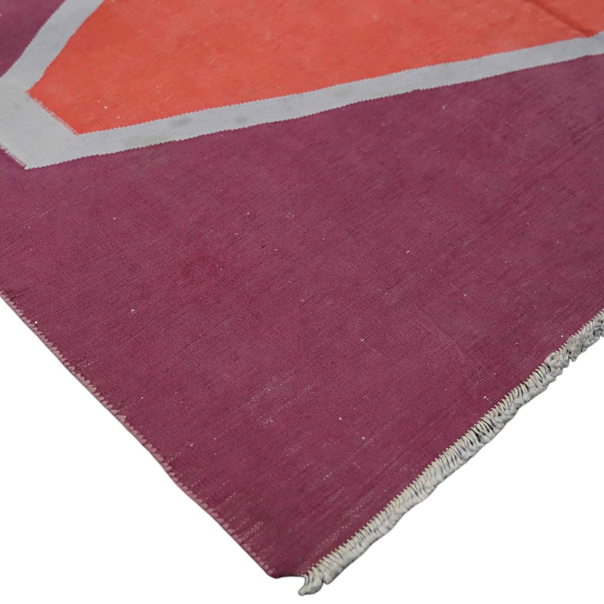 Indian Vintage Dhurrie Extra-Long Runner Rug with Red Geometric Patterns  Rug & Kilim For Sale