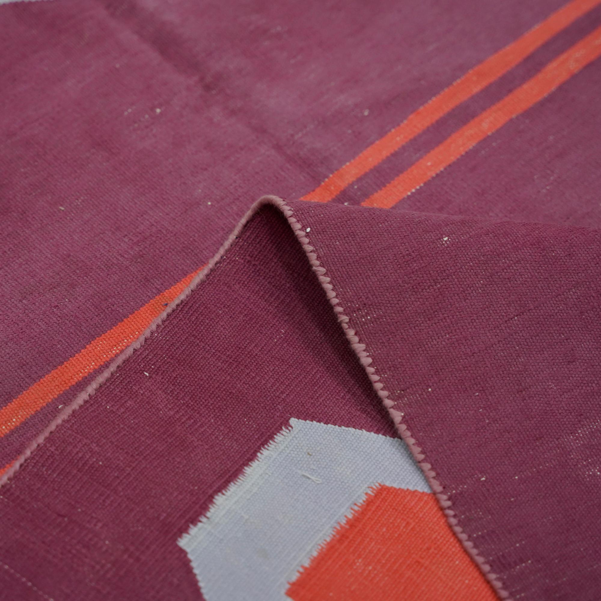 Vintage Dhurrie Extra-Long Runner Rug with Red Geometric Patterns  Rug & Kilim In Good Condition For Sale In Long Island City, NY
