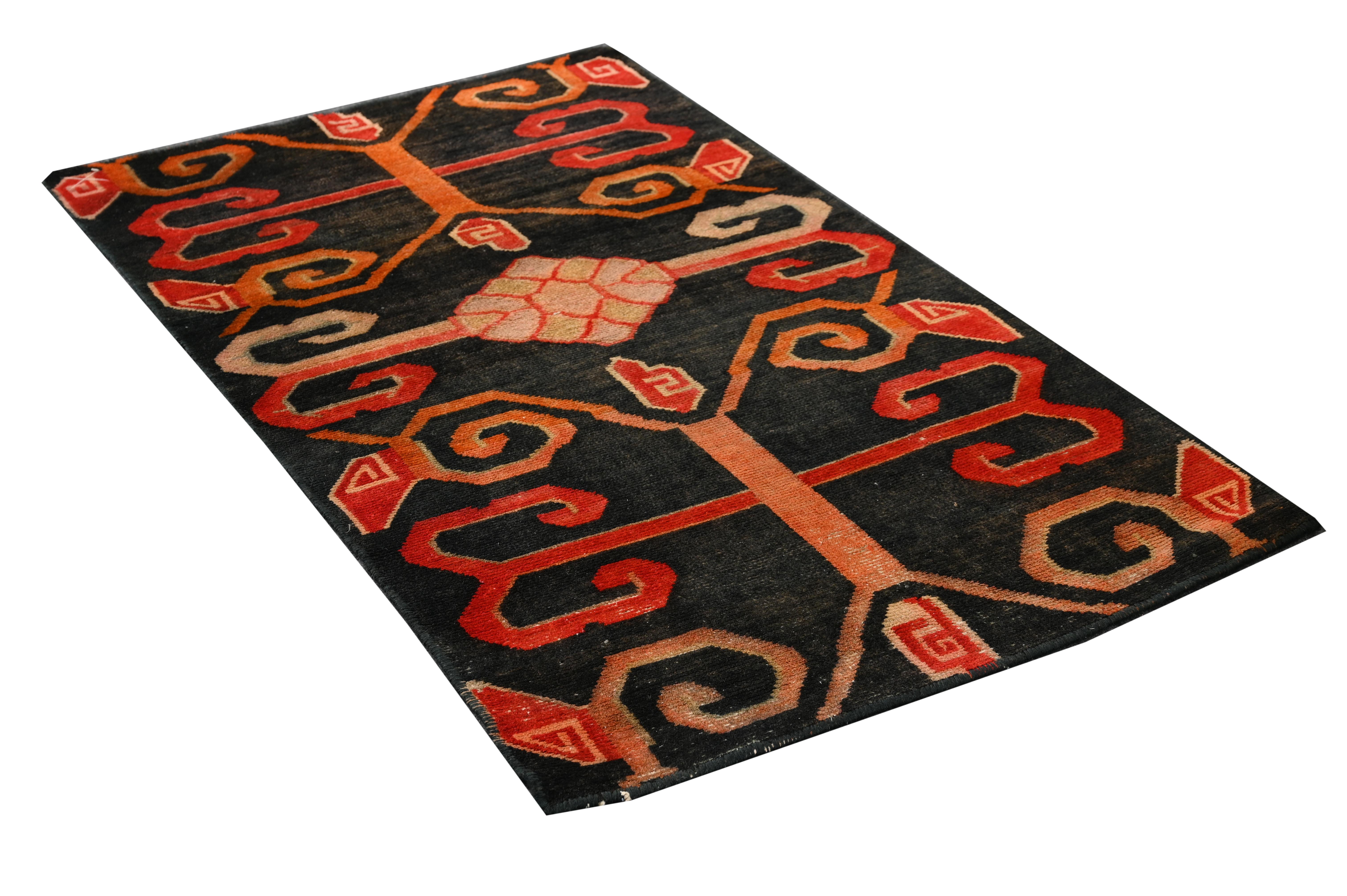 Indian Vintage Dhurrie Flat Weave in Black with Red Geometric Patterns by Rug & Kilim For Sale