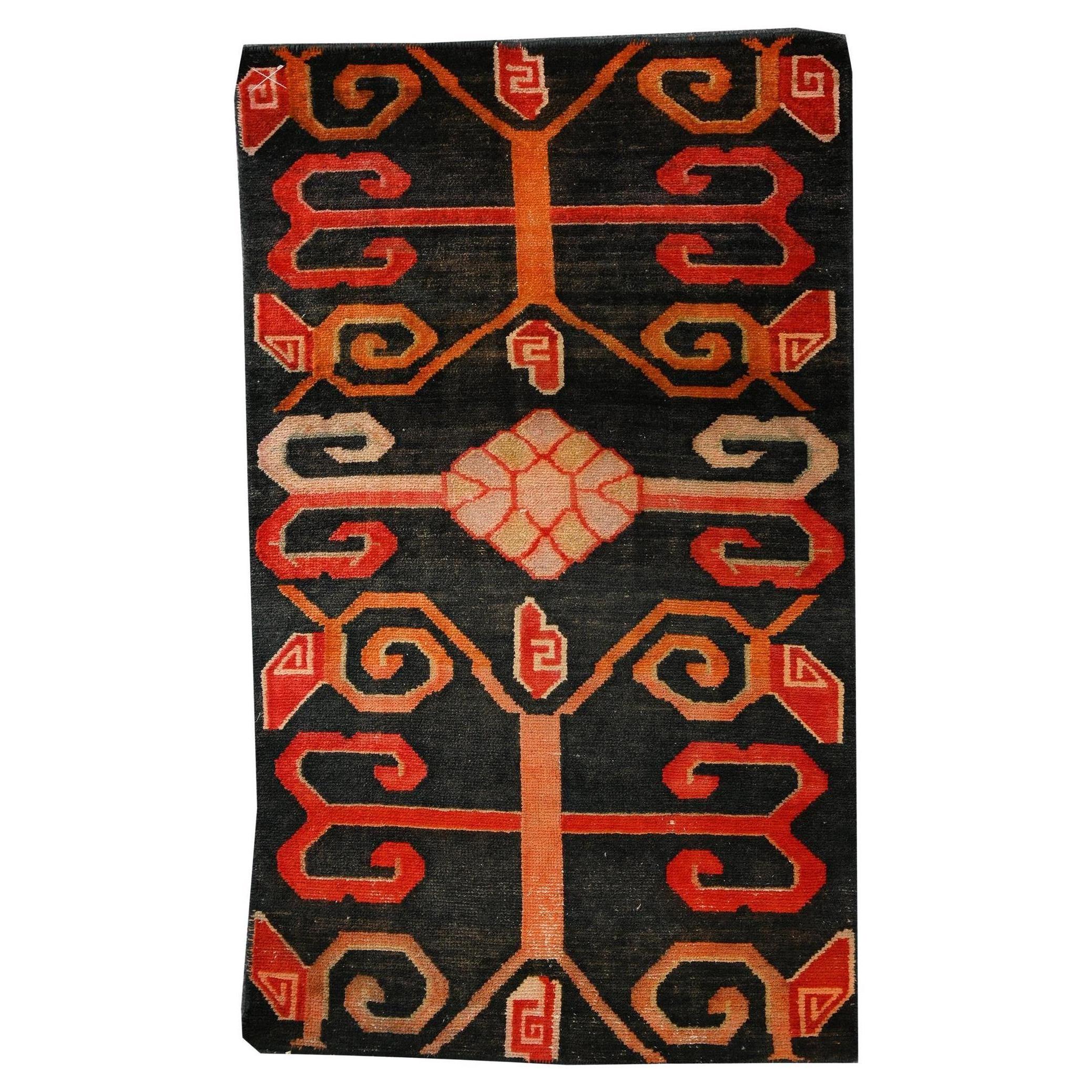 Vintage Dhurrie Flat Weave in Black with Red Geometric Patterns by Rug & Kilim