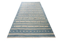 Vintage Dhurrie Flat Weave in Blue and Off-White Stripes by Rug & Kilim