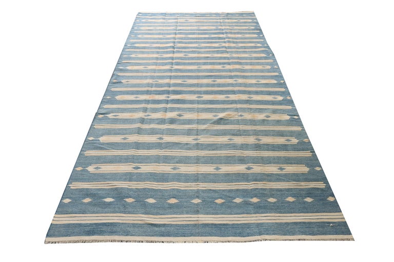 Vintage Dhurrie Flat Weave in Blue and Off-White Stripes by Rug and ...