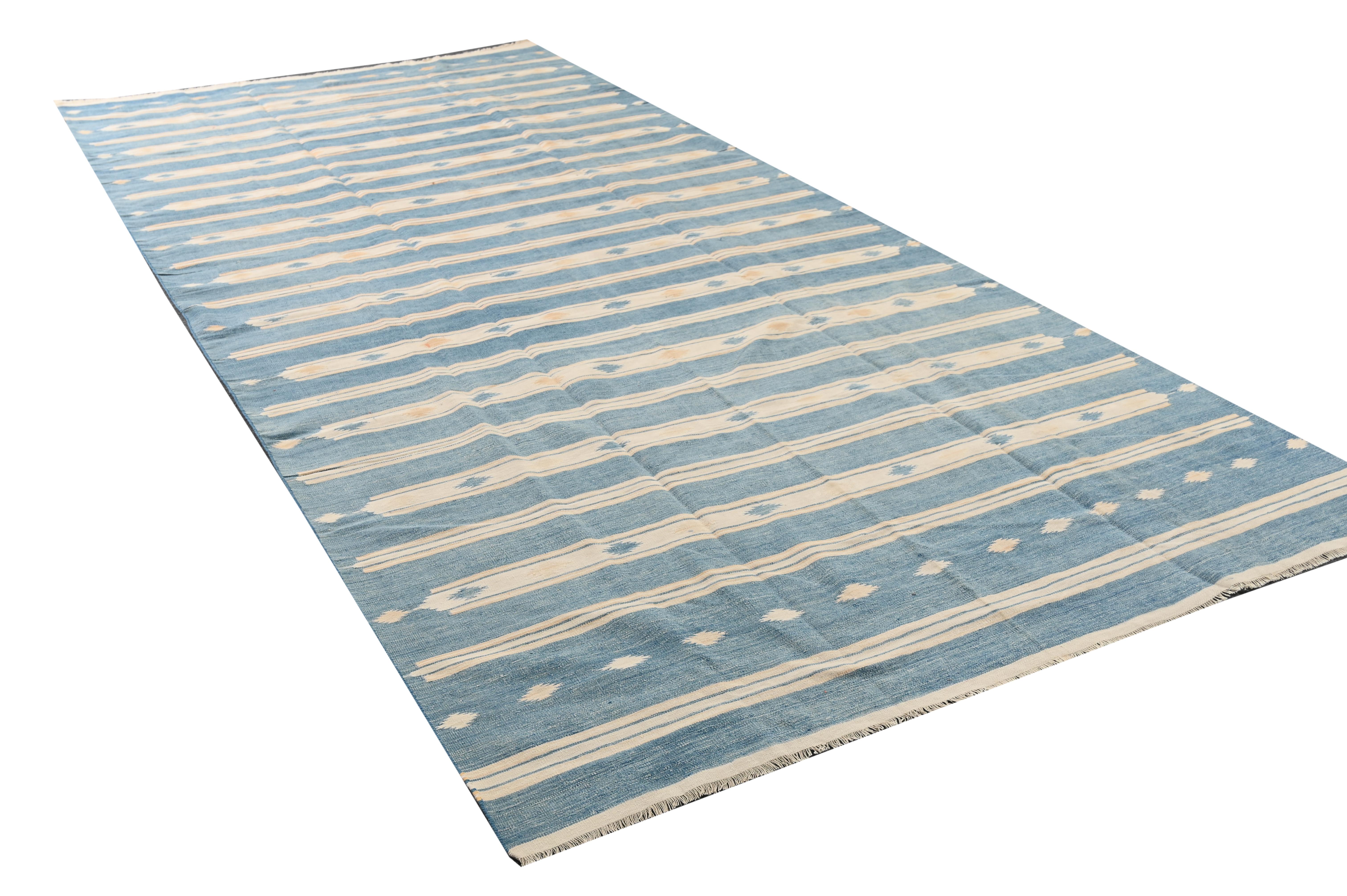 Indian Vintage Dhurrie Flat Weave in Blue and Off-White Stripes by Rug & Kilim For Sale