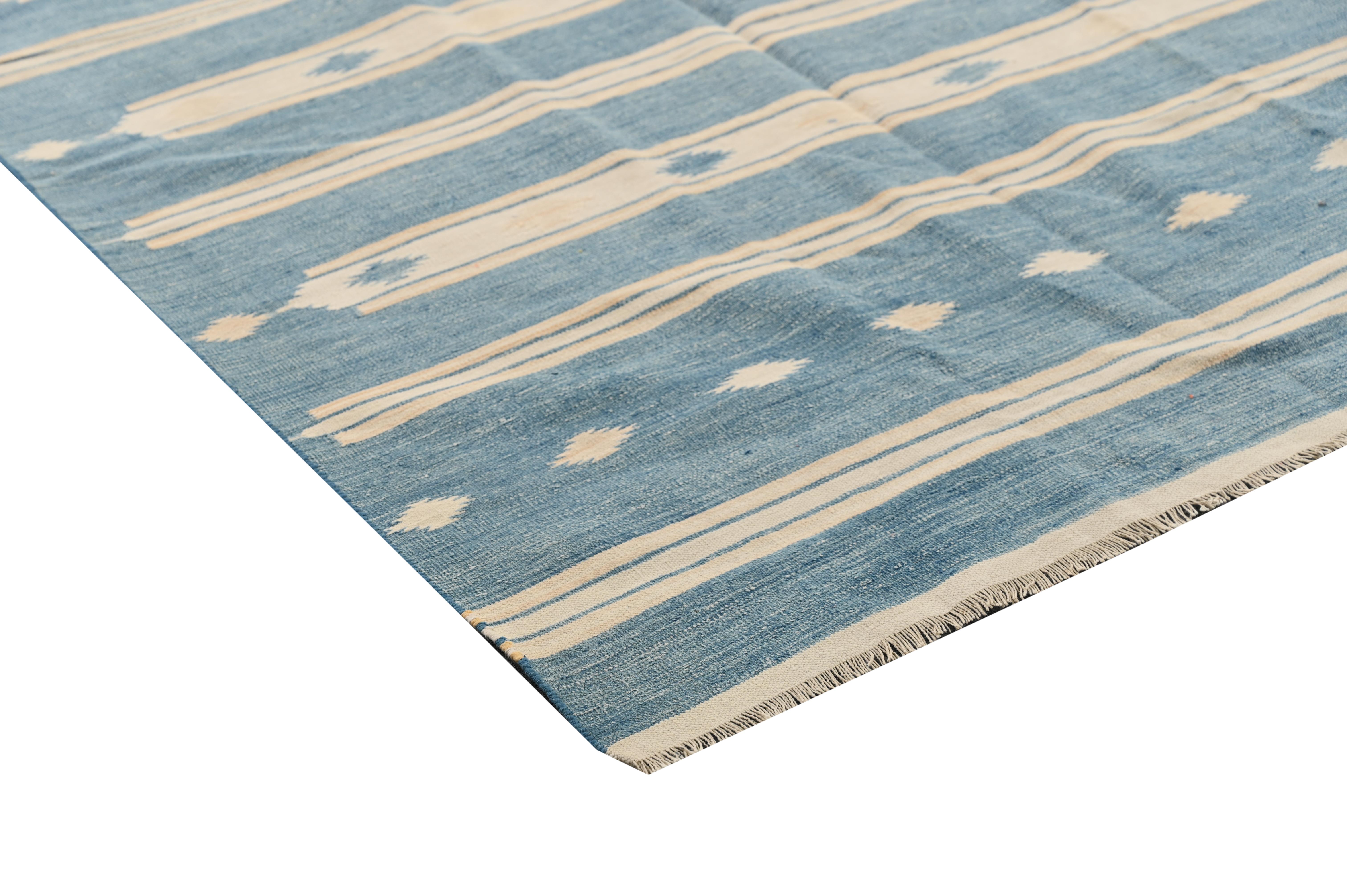 Hand-Knotted Vintage Dhurrie Flat Weave in Blue and Off-White Stripes by Rug & Kilim For Sale