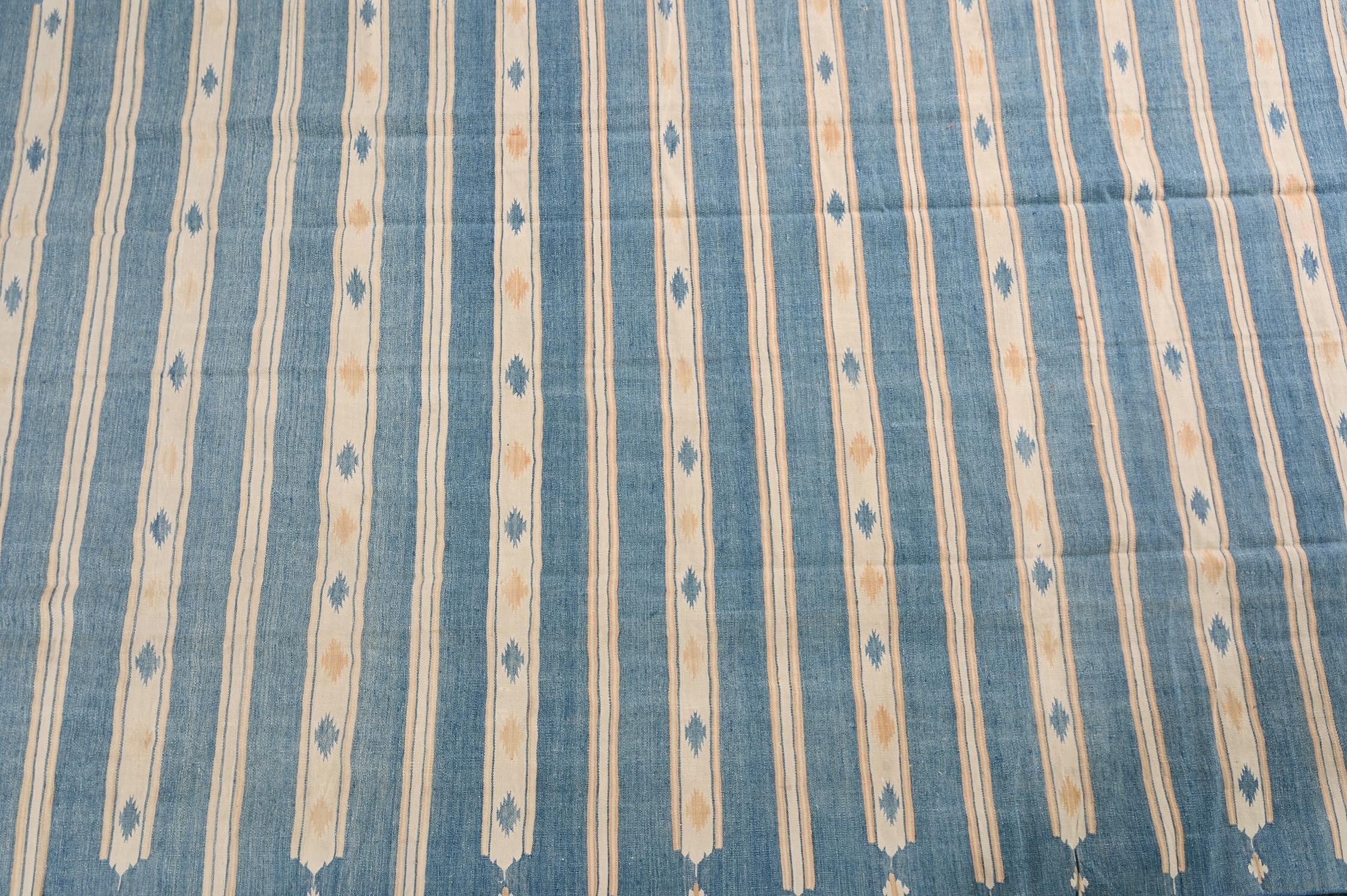 Vintage Dhurrie Flat Weave in Blue and Off-White Stripes by Rug & Kilim In Good Condition For Sale In Long Island City, NY